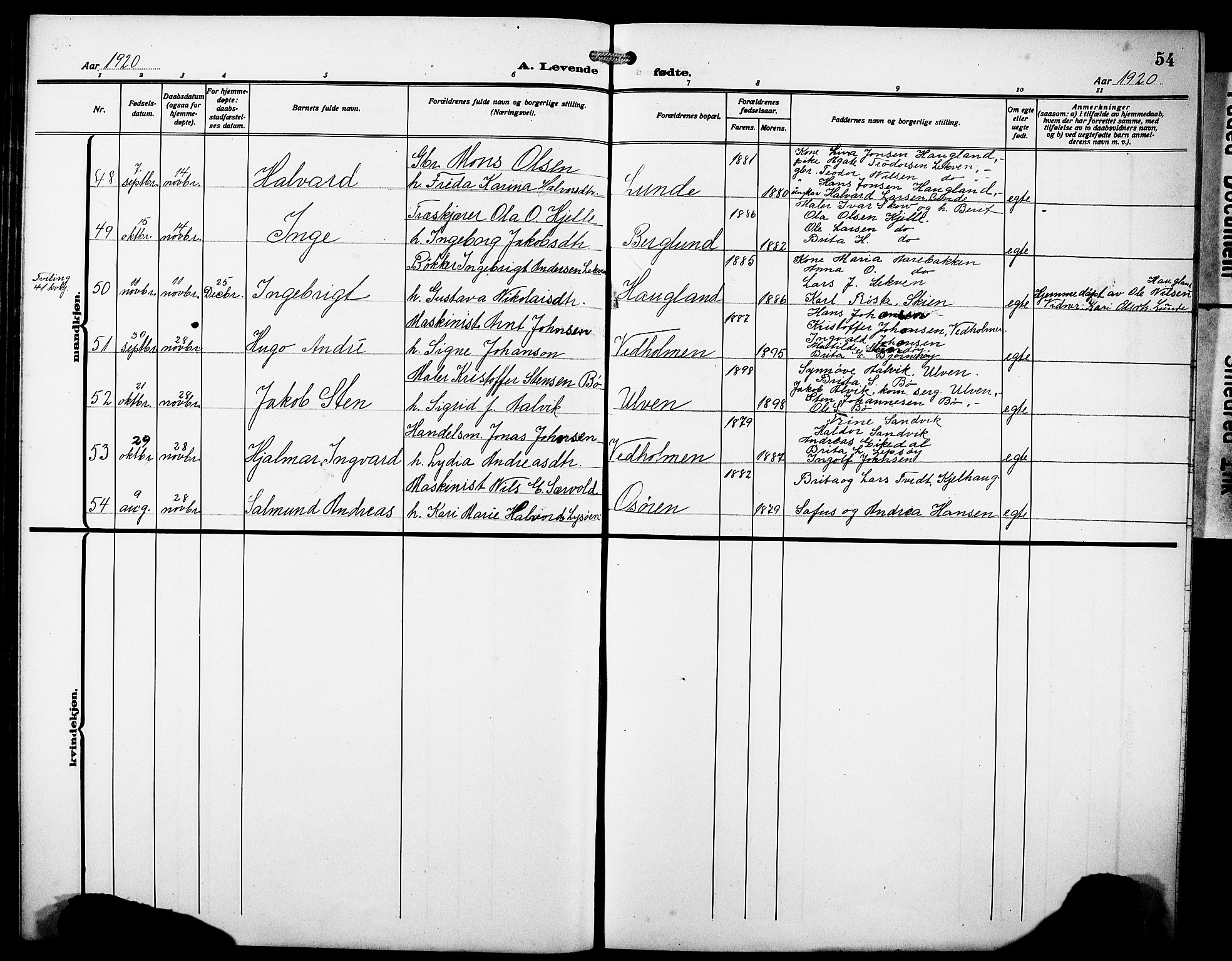 Os sokneprestembete, AV/SAB-A-99929: Parish register (copy) no. A 4, 1914-1923, p. 54