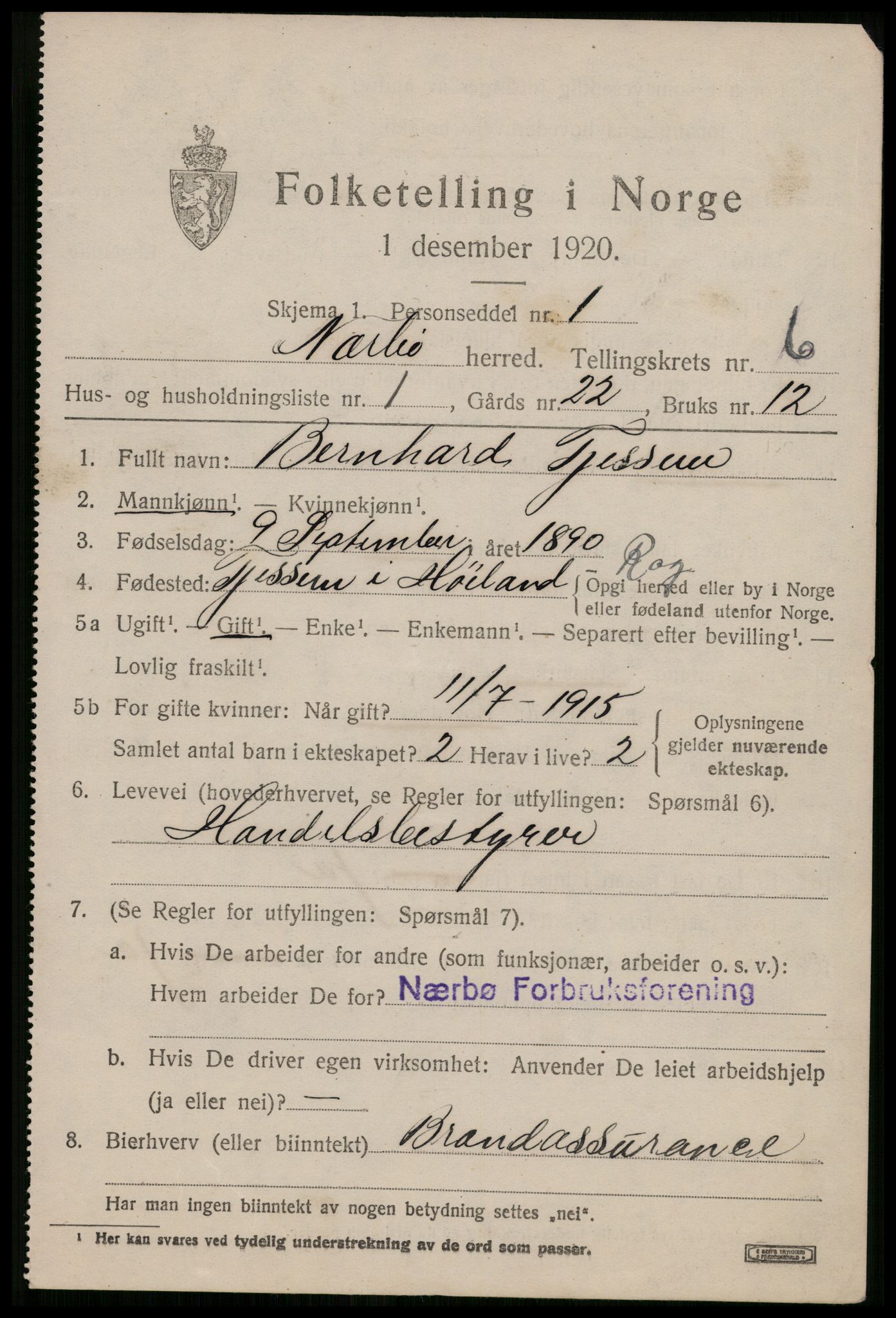 SAST, 1920 census for Nærbø, 1920, p. 3615