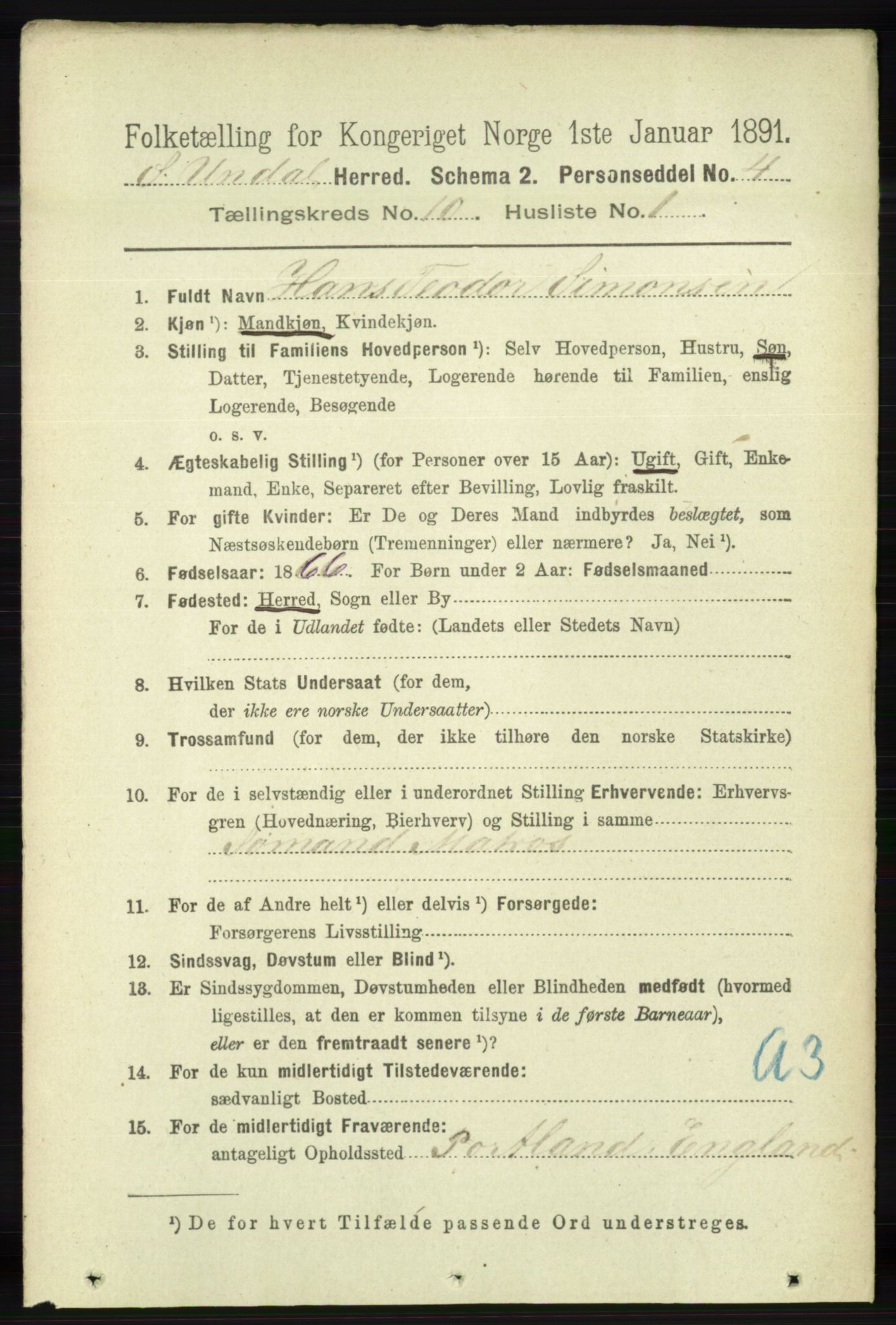 RA, 1891 census for 1029 Sør-Audnedal, 1891, p. 4435