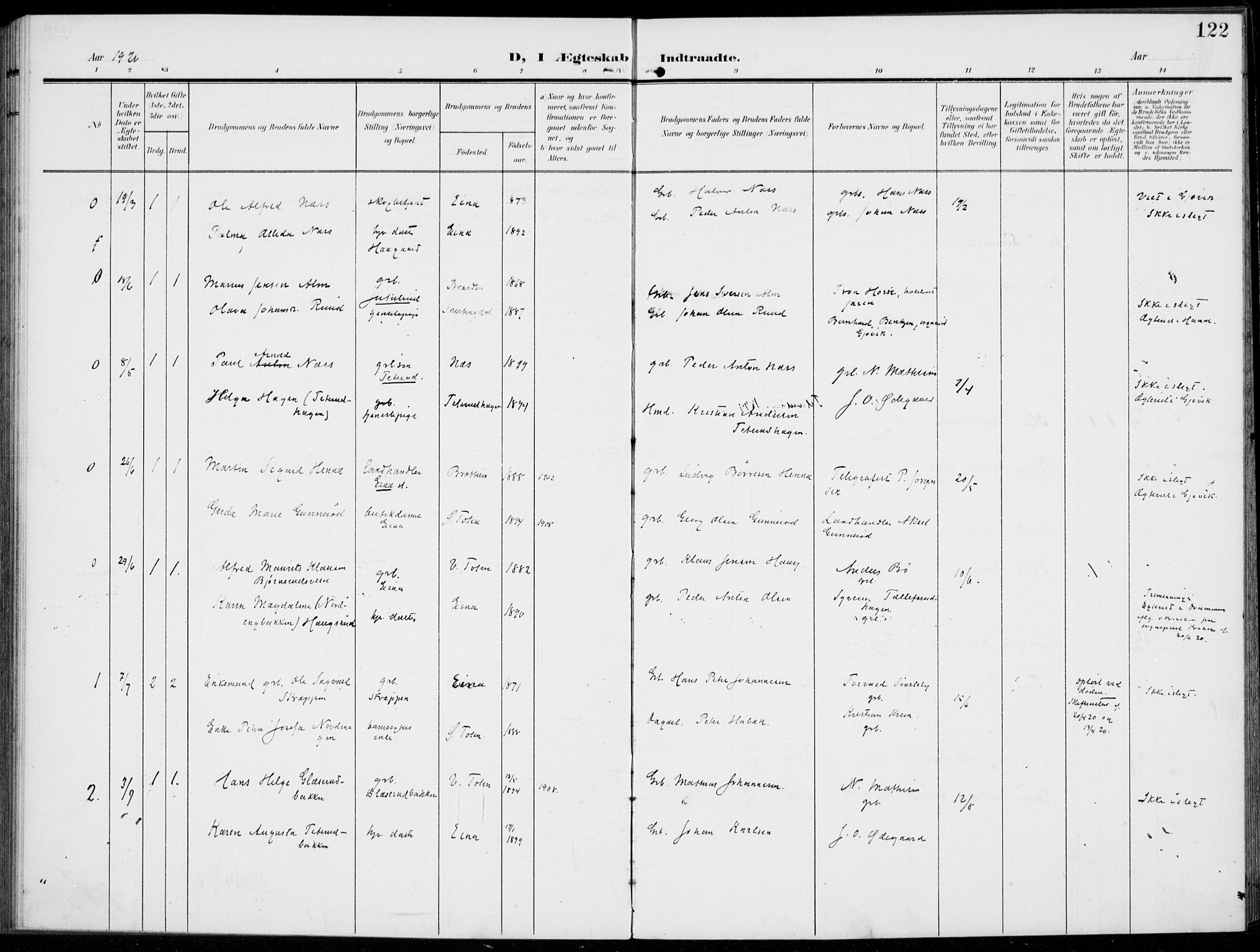 Kolbu prestekontor, SAH/PREST-110/H/Ha/Haa/L0001: Parish register (official) no. 1, 1907-1923, p. 122