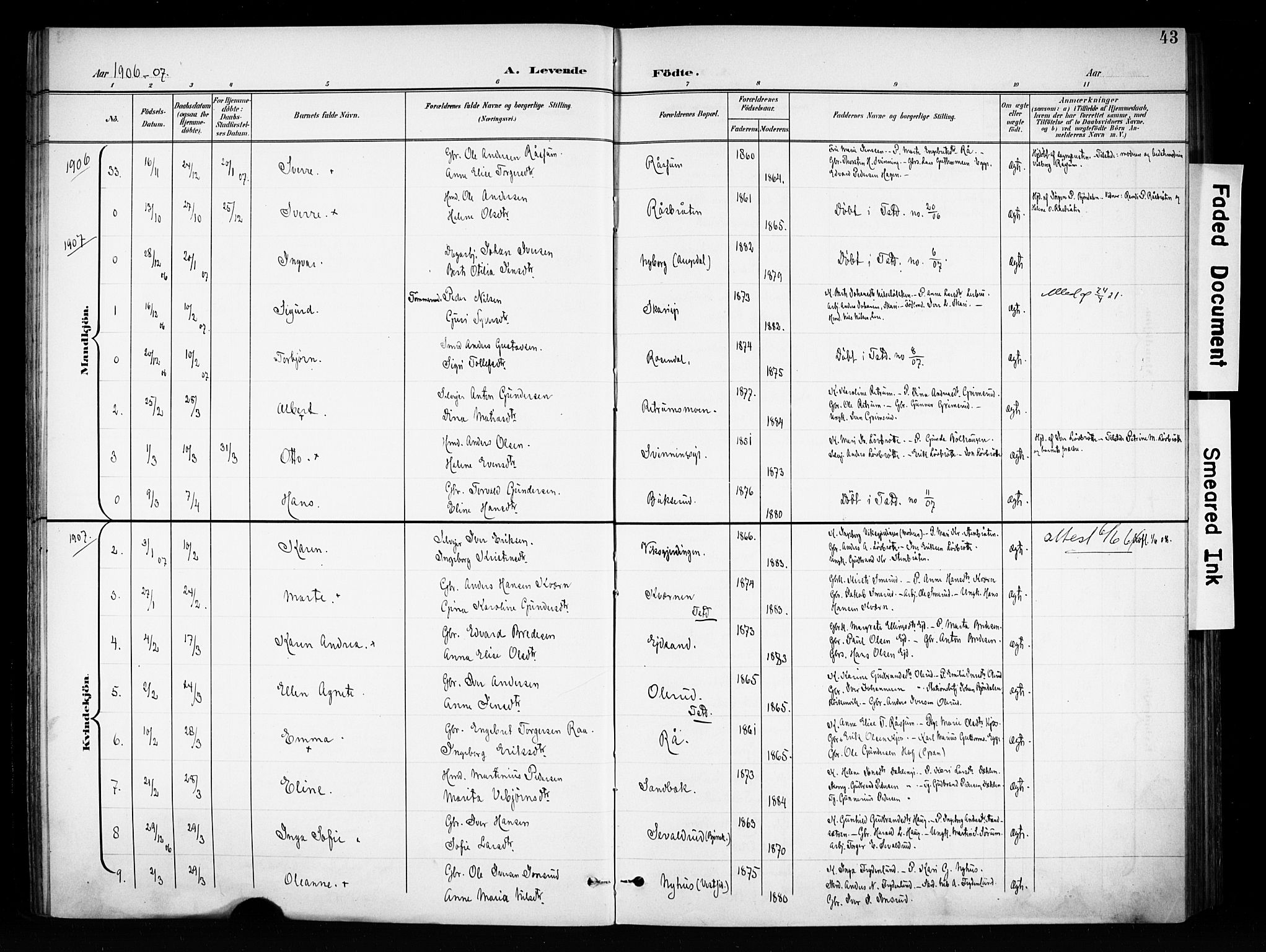 Brandbu prestekontor, AV/SAH-PREST-114/H/Ha/Haa/L0001: Parish register (official) no. 1, 1900-1912, p. 43