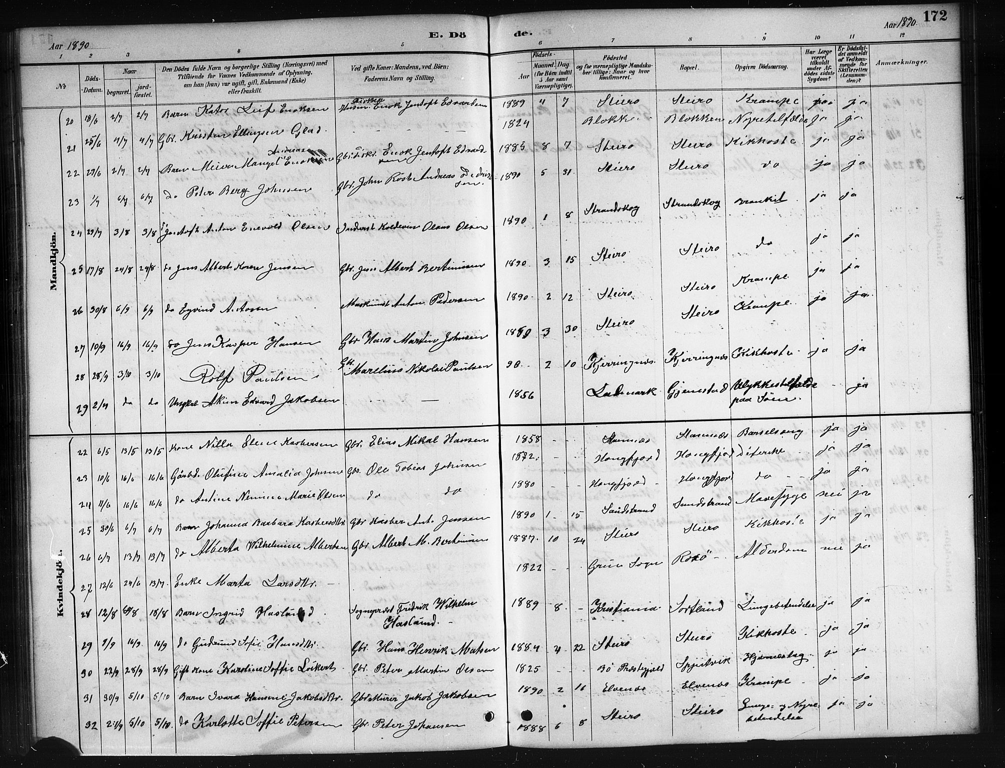 Ministerialprotokoller, klokkerbøker og fødselsregistre - Nordland, AV/SAT-A-1459/895/L1382: Parish register (copy) no. 895C04, 1885-1896, p. 172