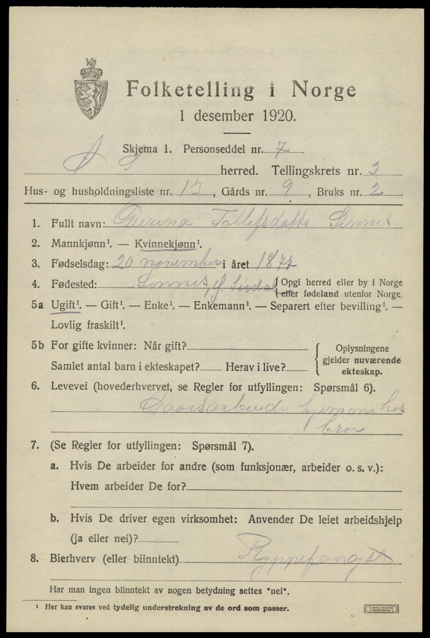 SAK, 1920 census for Øvre Sirdal, 1920, p. 721