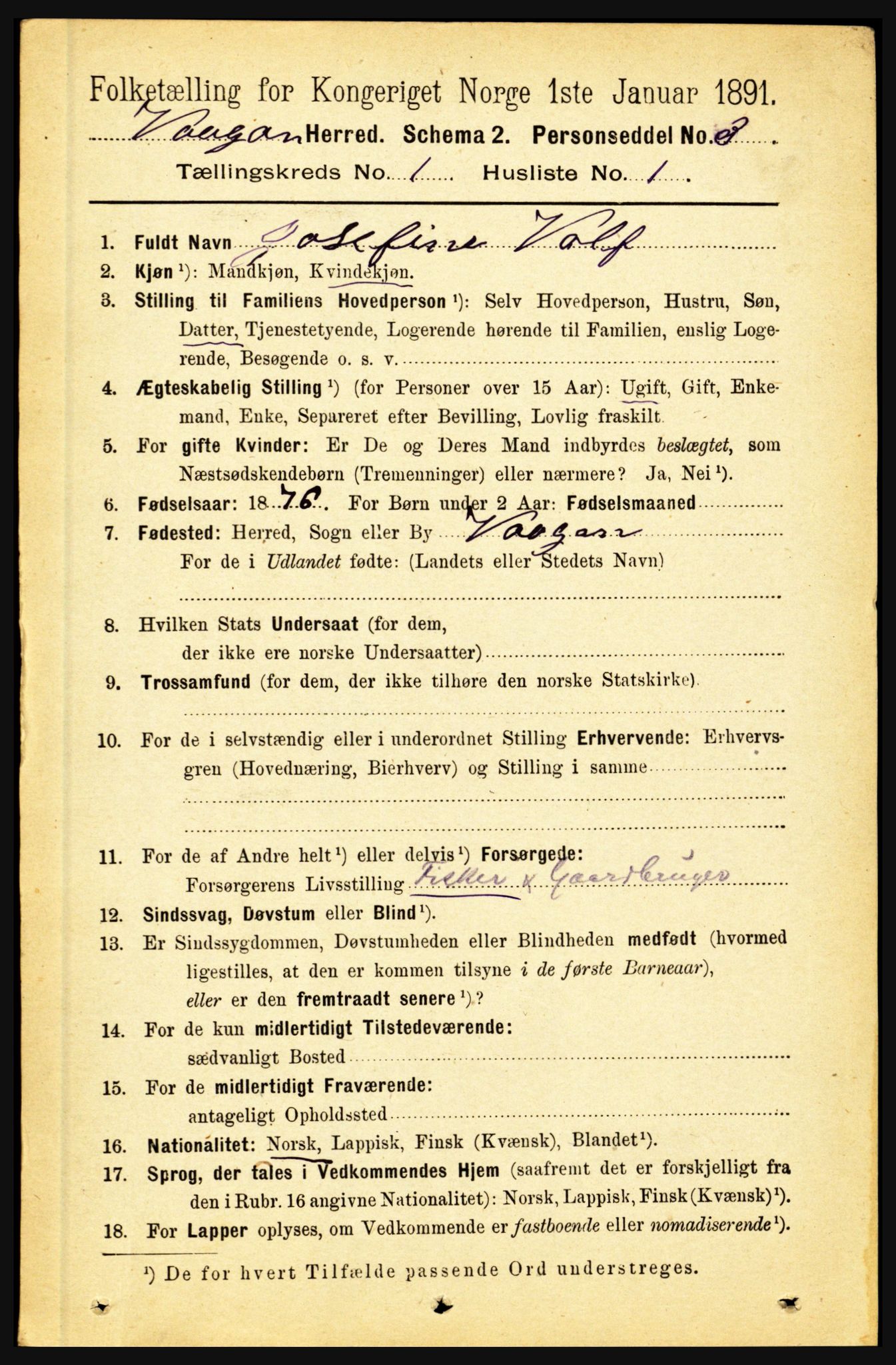 RA, 1891 census for 1865 Vågan, 1891, p. 98