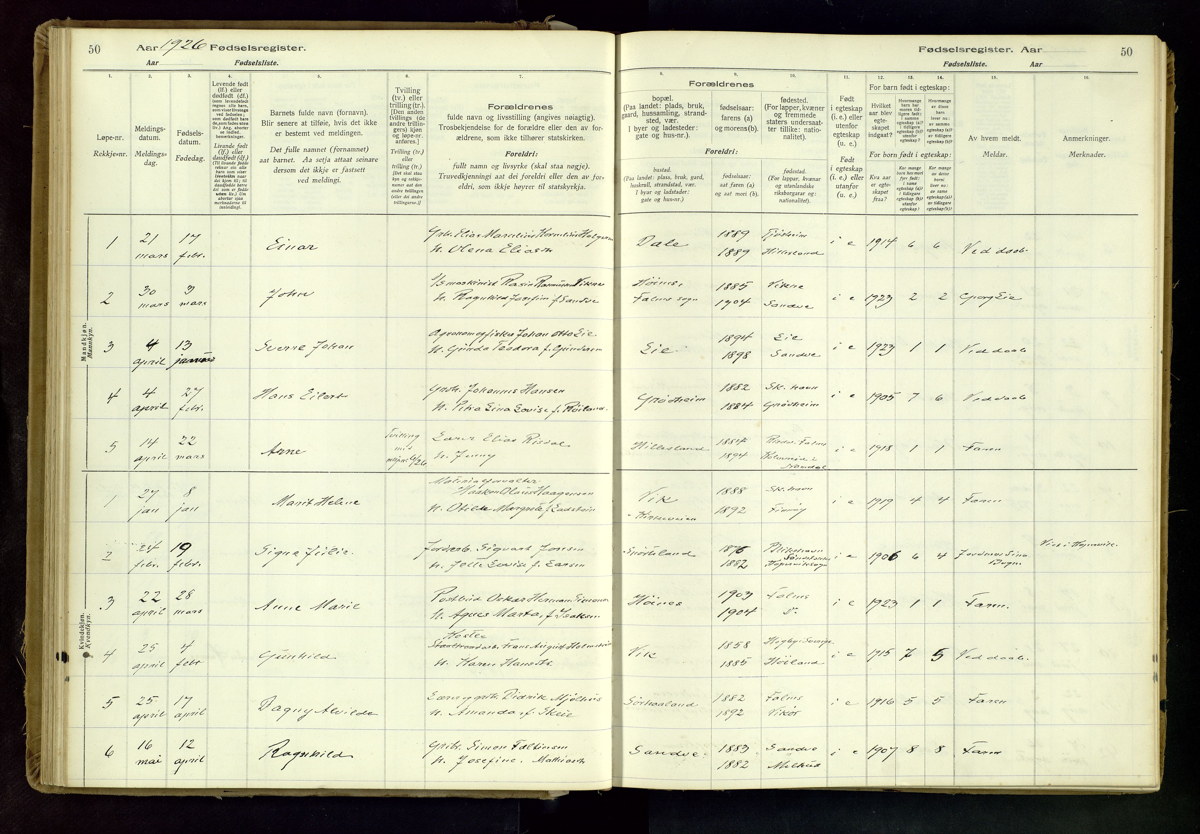 Skudenes sokneprestkontor, SAST/A -101849/I/Id/L0001: Birth register no. 1, 1916-1964, p. 50