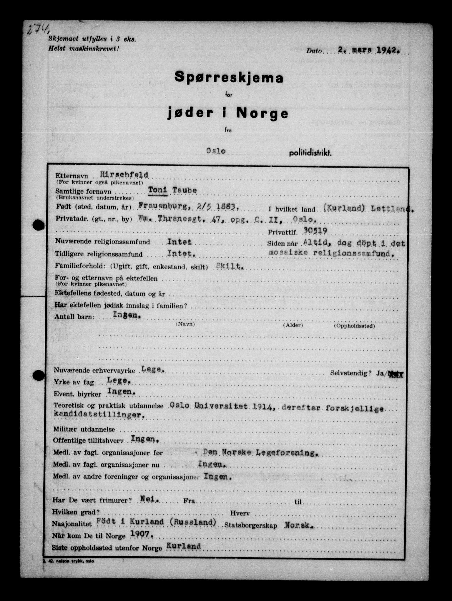 Statspolitiet - Hovedkontoret / Osloavdelingen, AV/RA-S-1329/G/Ga/L0010: Spørreskjema for jøder i Norge: Jøder bosatt i Oslo, Hansen - Pintzow, 1942, p. 36