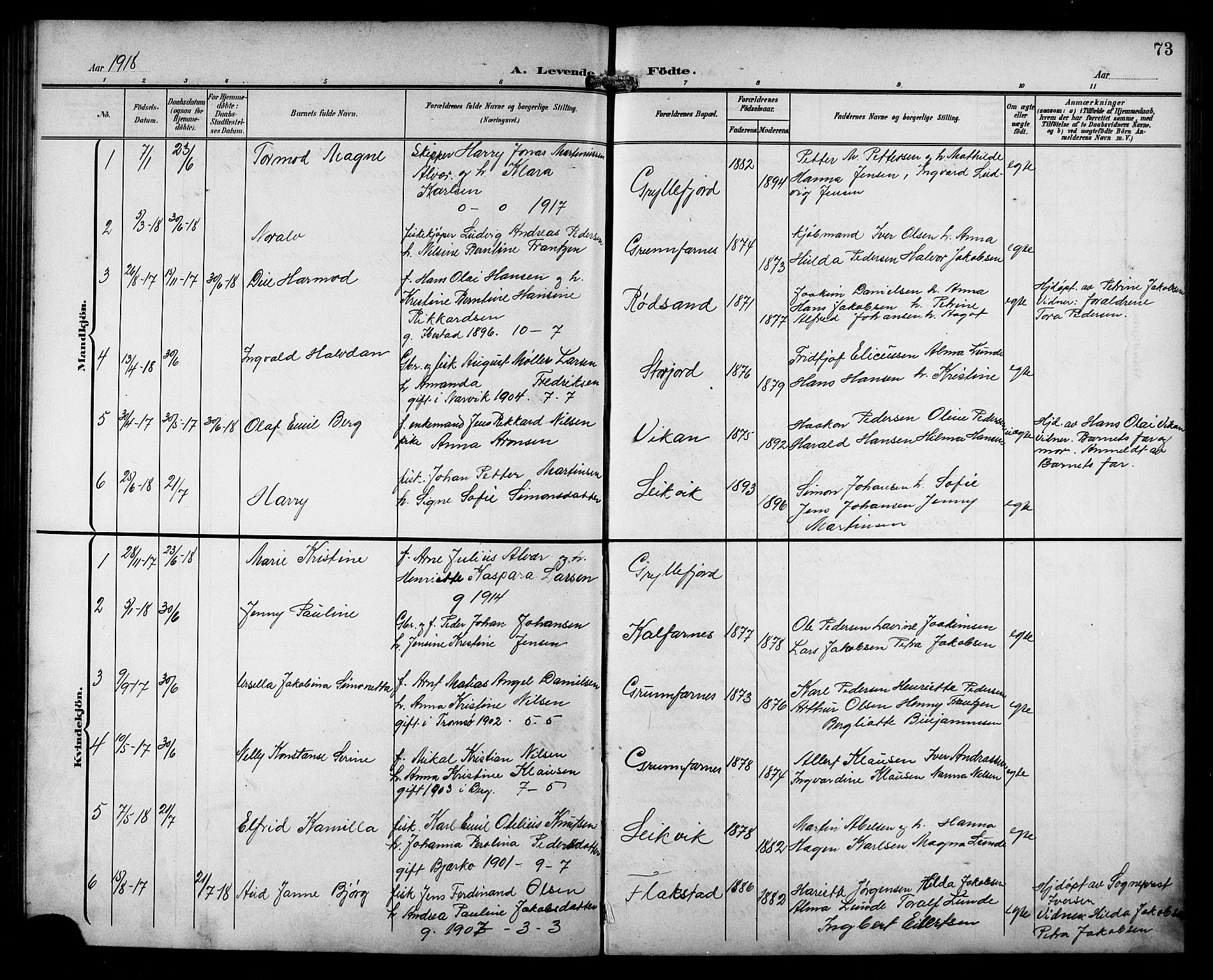 Berg sokneprestkontor, AV/SATØ-S-1318/G/Ga/Gab/L0013klokker: Parish register (copy) no. 13, 1902-1922, p. 73