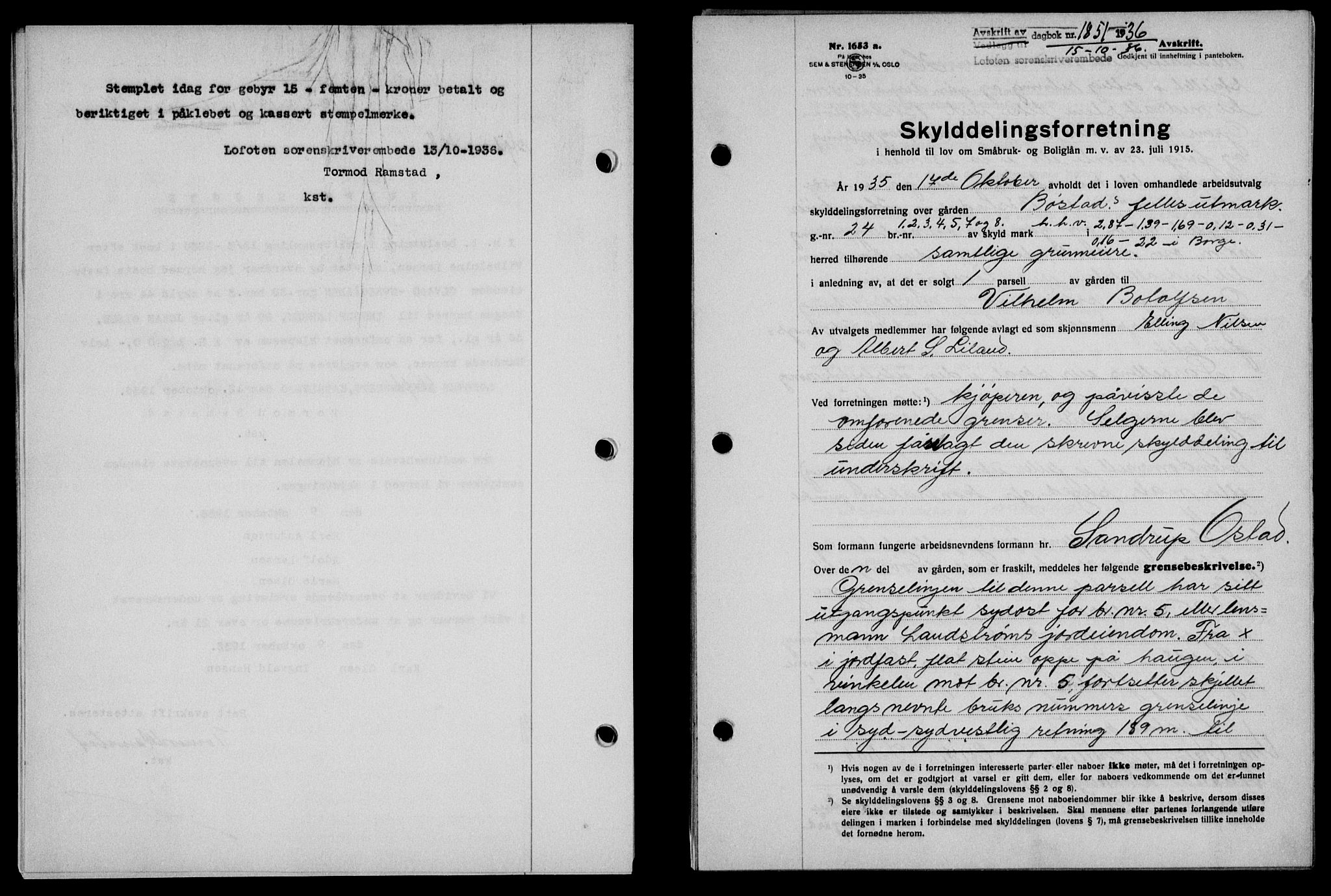 Lofoten sorenskriveri, SAT/A-0017/1/2/2C/L0001a: Mortgage book no. 1a, 1936-1937, Diary no: : 1851/1936