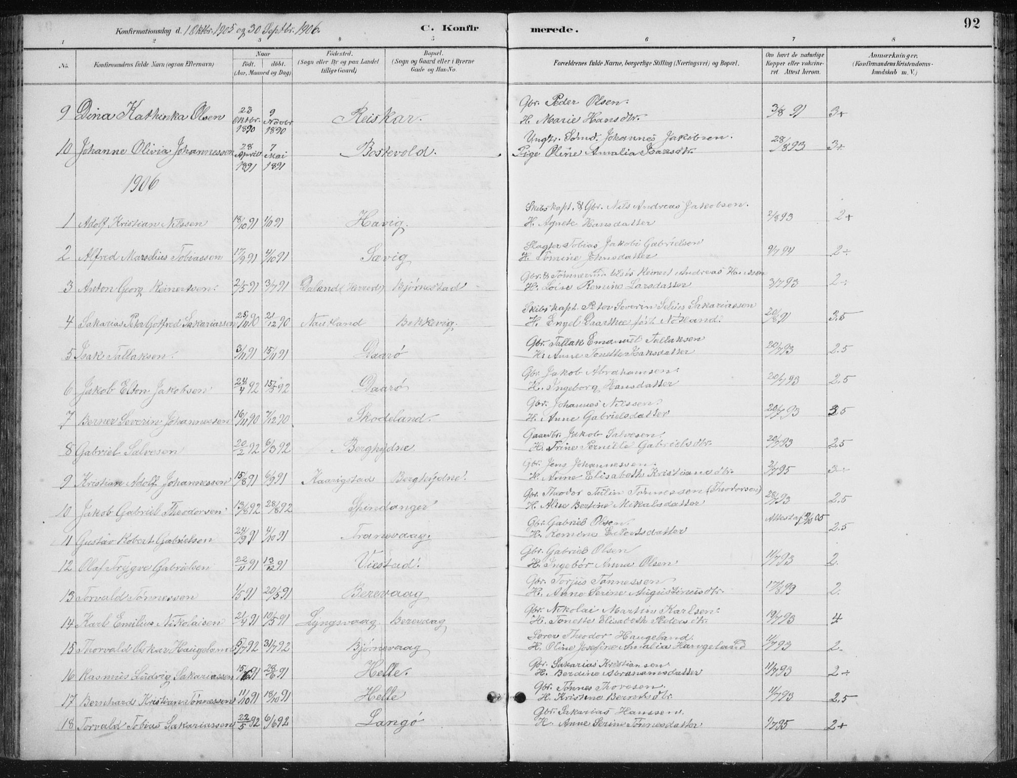 Herad sokneprestkontor, SAK/1111-0018/F/Fb/Fbb/L0004: Parish register (copy) no. B 4, 1890-1935, p. 92