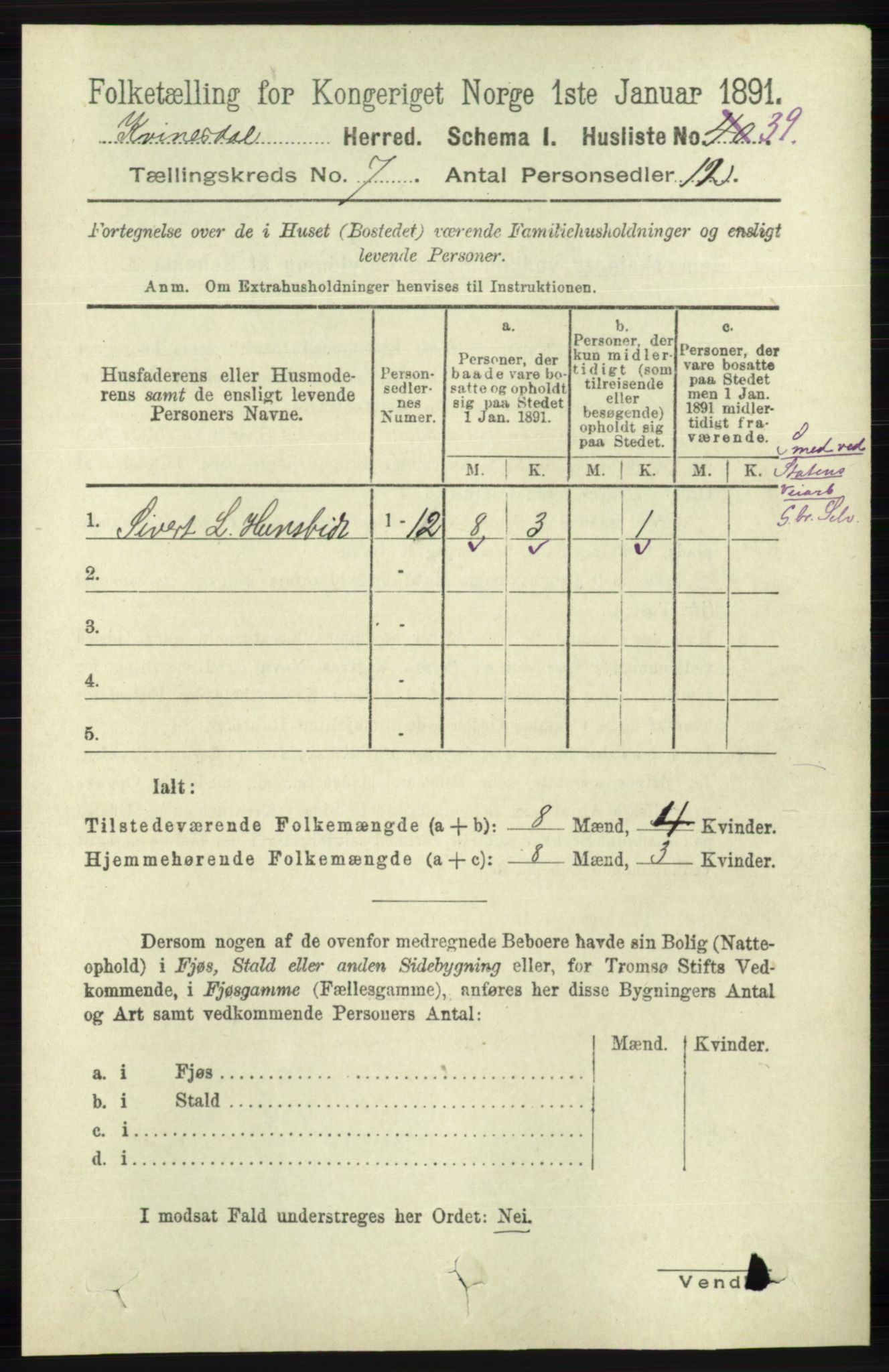 RA, 1891 census for 1037 Kvinesdal, 1891, p. 2414