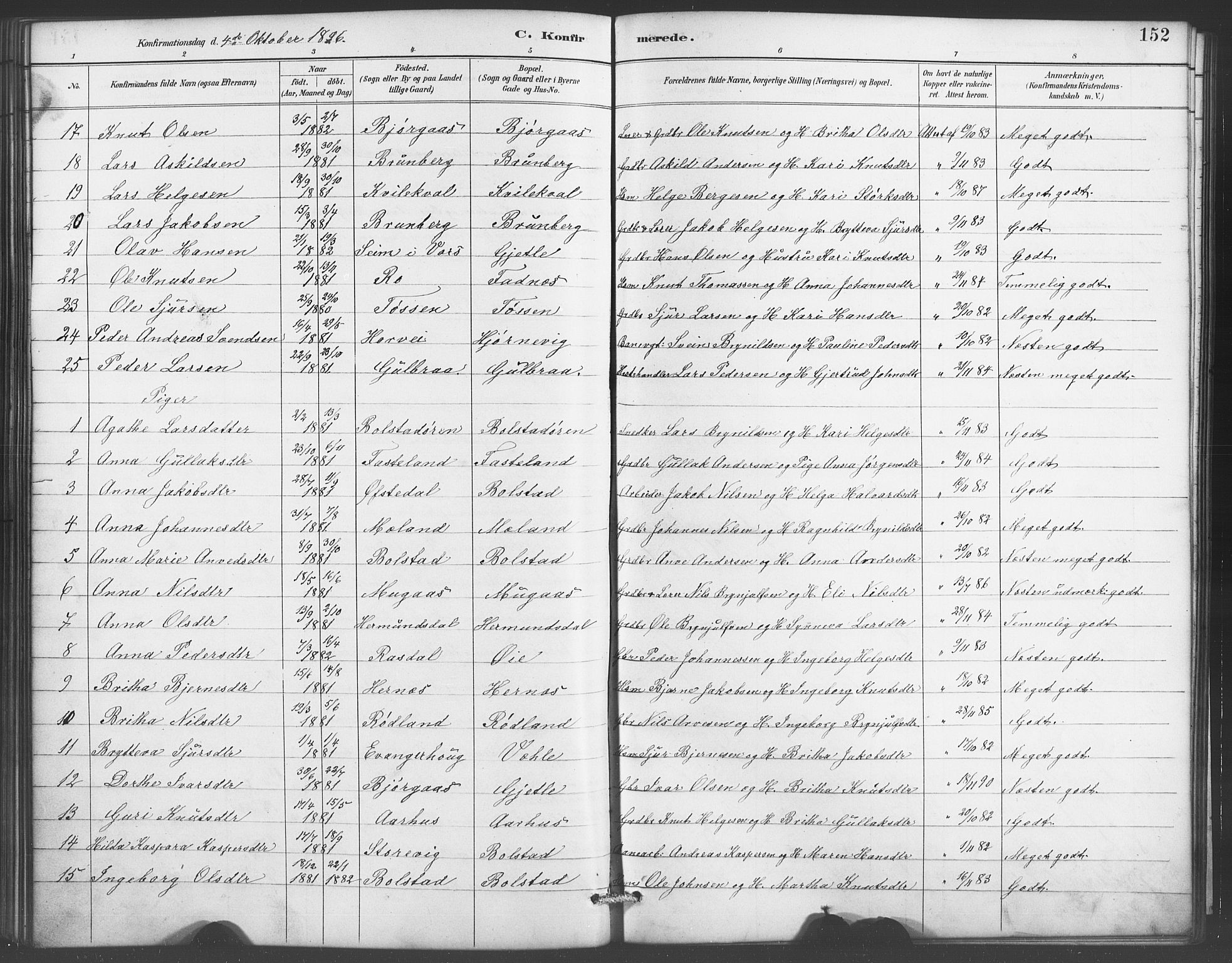 Evanger sokneprestembete, SAB/A-99924: Parish register (copy) no. A 4, 1887-1897, p. 152