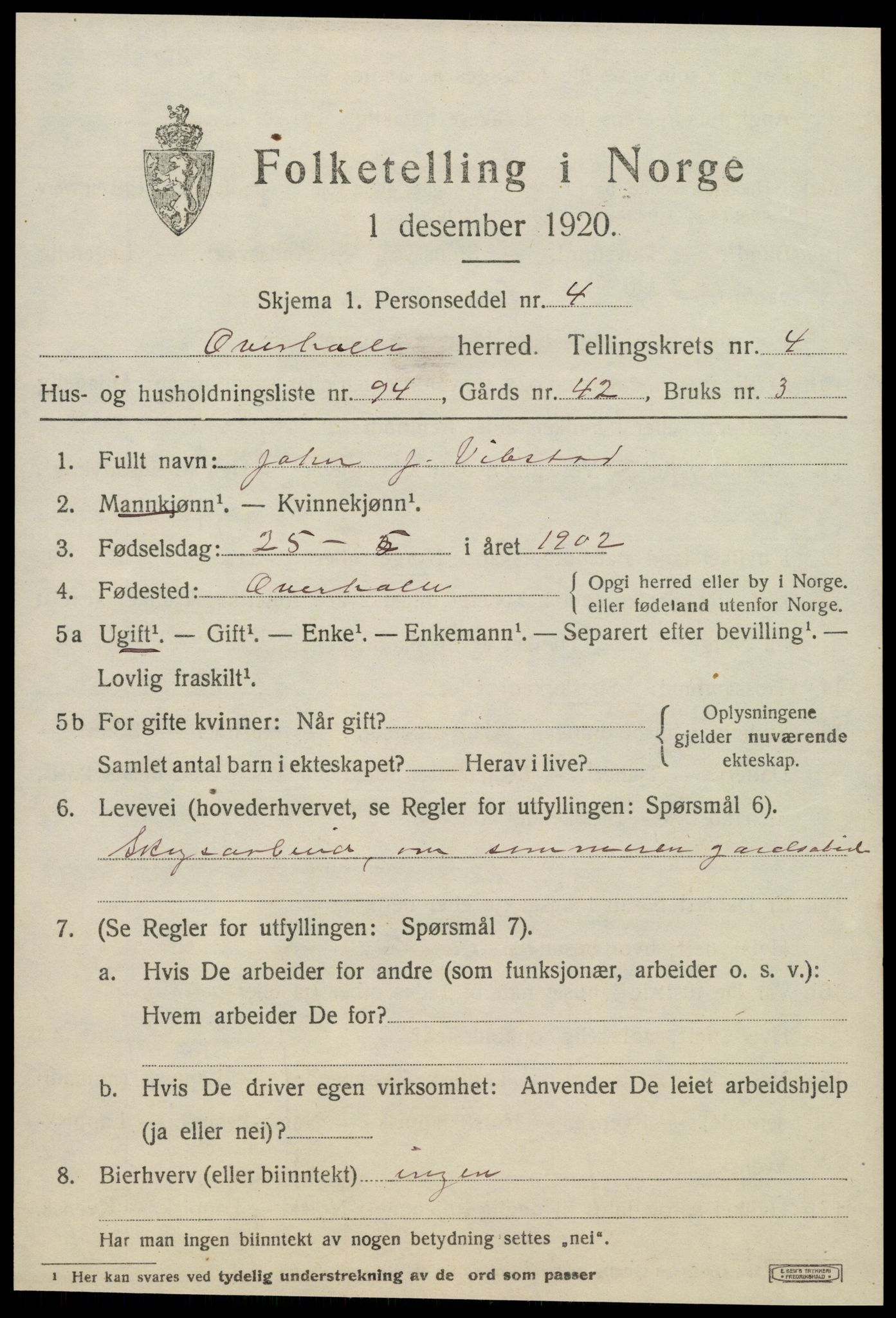 SAT, 1920 census for Overhalla, 1920, p. 3702