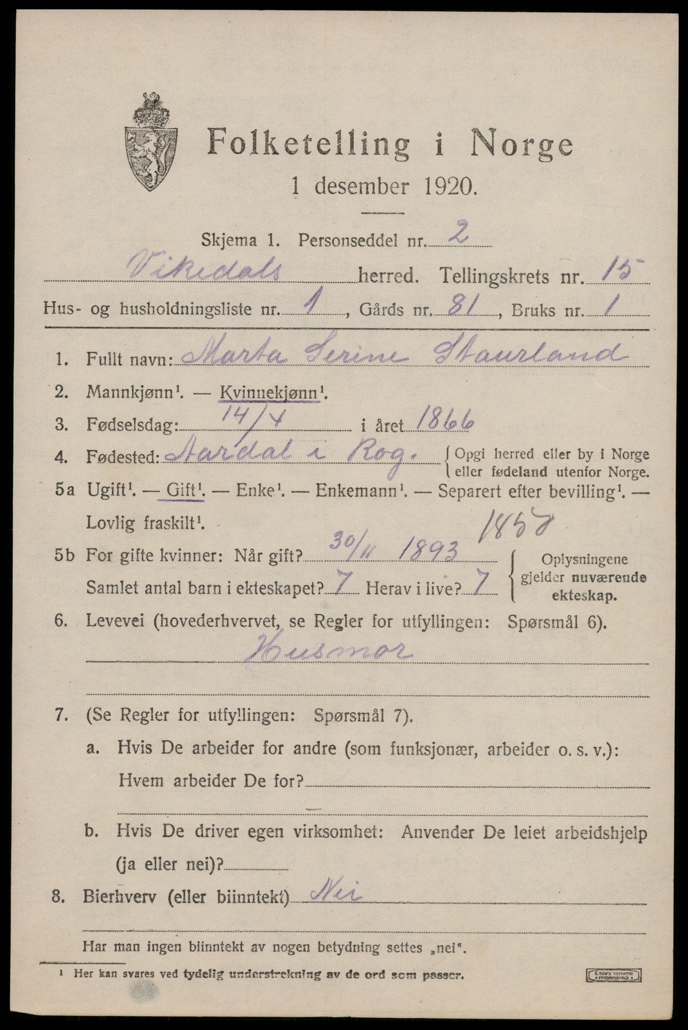 SAST, 1920 census for Vikedal, 1920, p. 4551