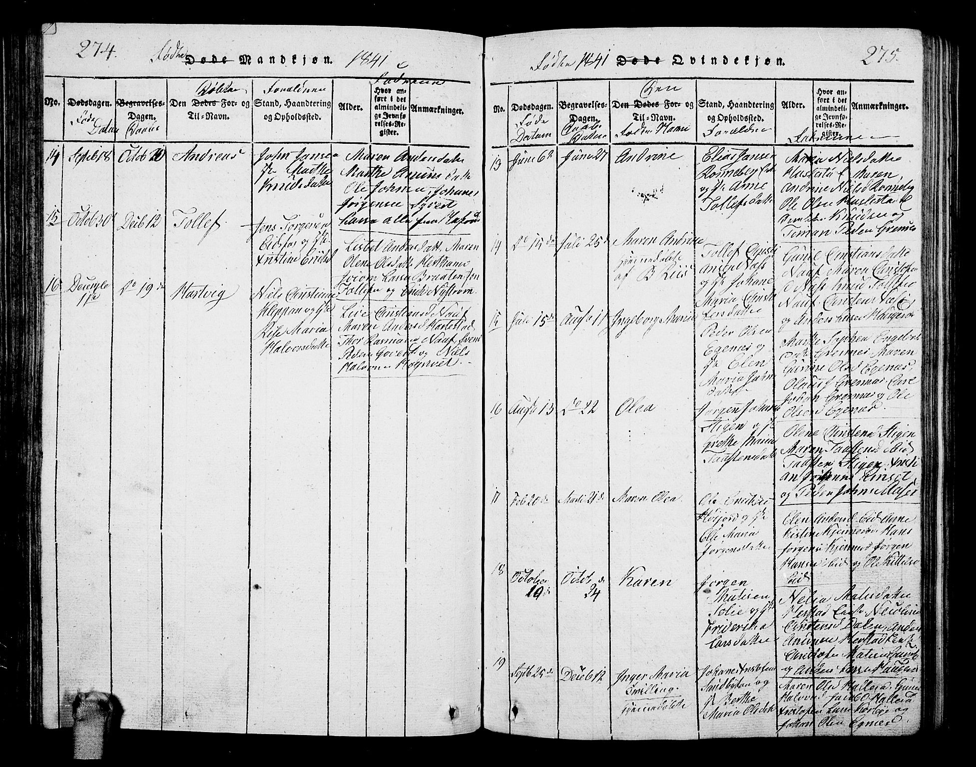 Hof kirkebøker, AV/SAKO-A-64/G/Ga/L0001: Parish register (copy) no. I 1, 1814-1844, p. 274-275