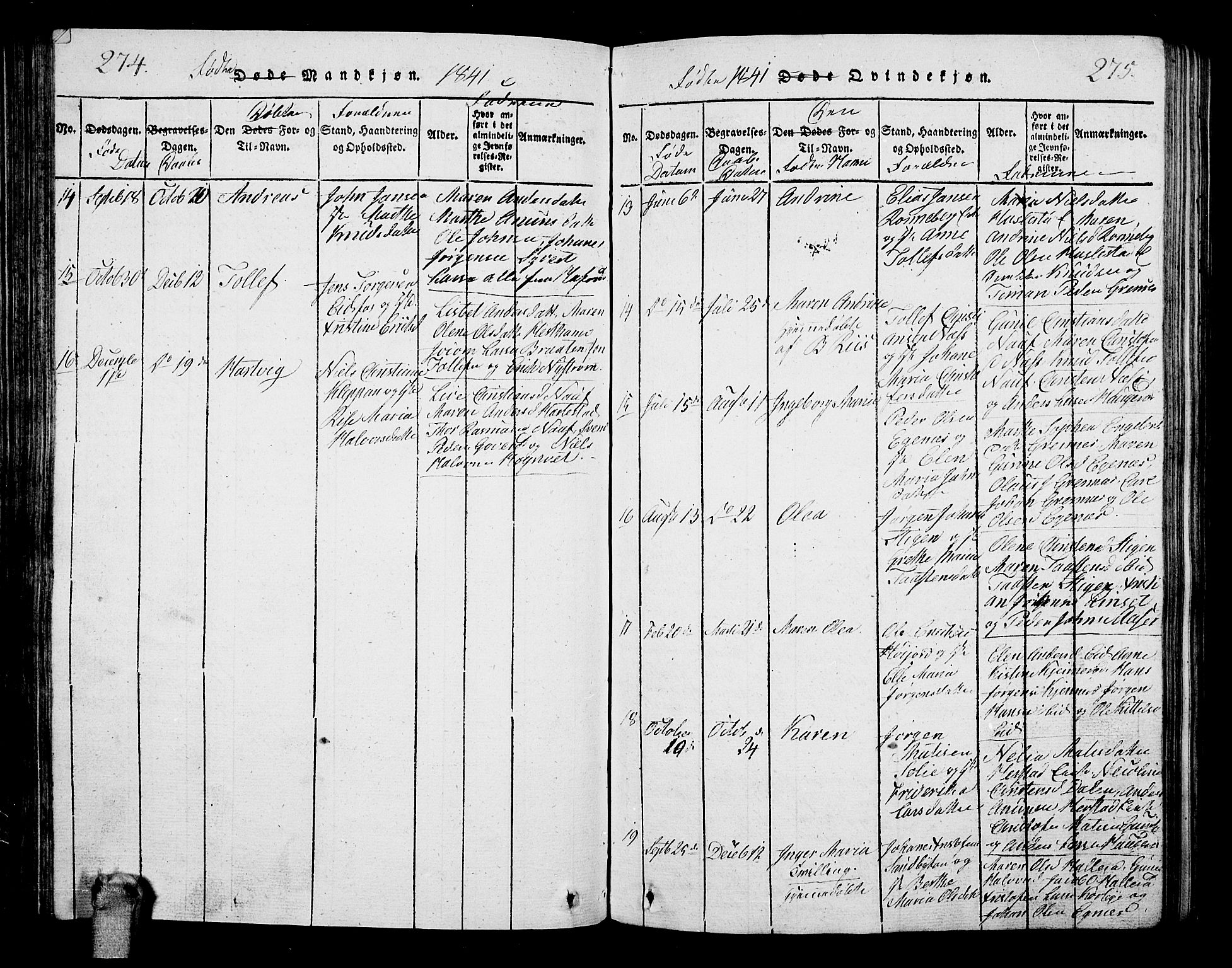 Hof kirkebøker, AV/SAKO-A-64/G/Ga/L0001: Parish register (copy) no. I 1, 1814-1844, p. 274-275