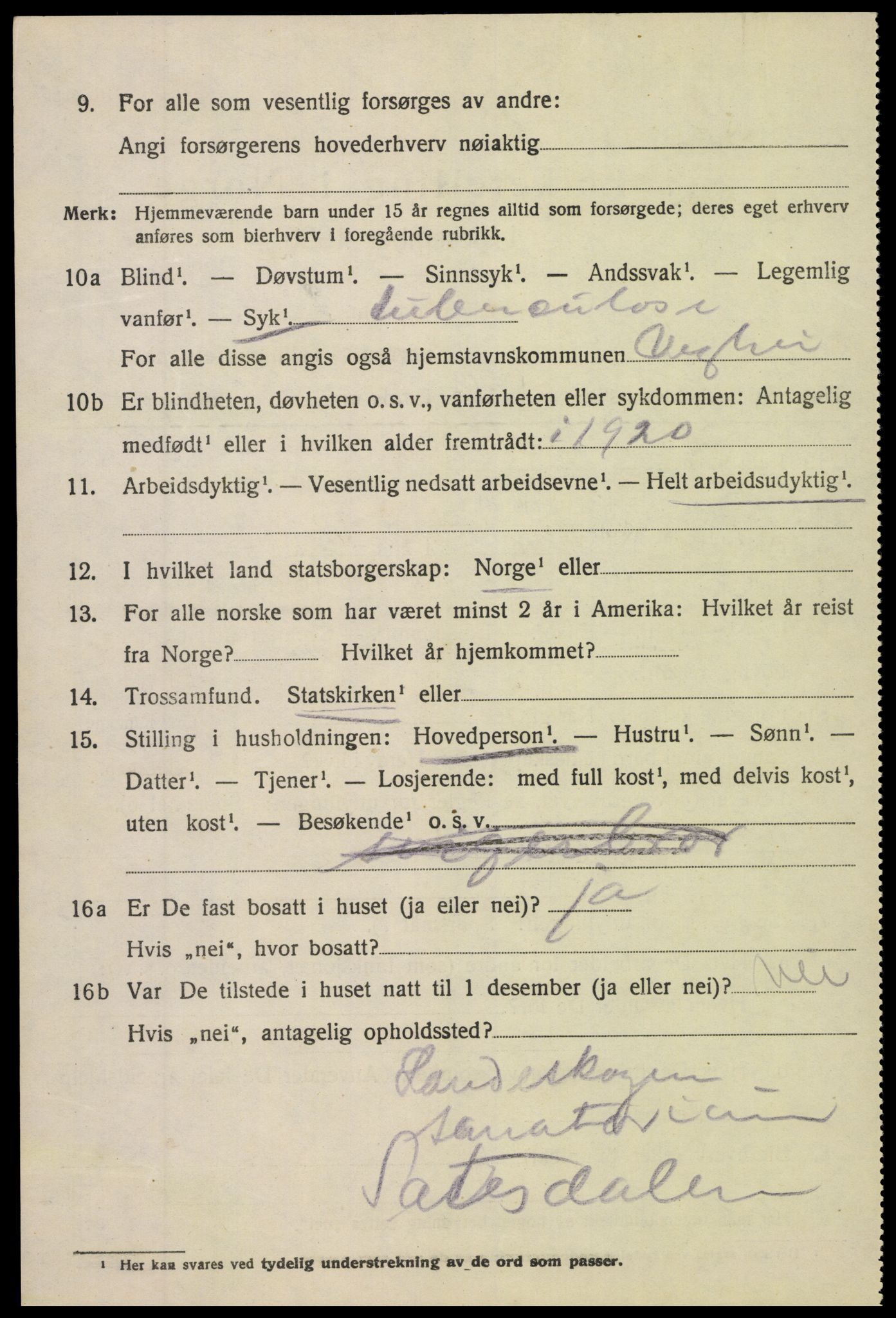 SAK, 1920 census for Vegårshei, 1920, p. 1211