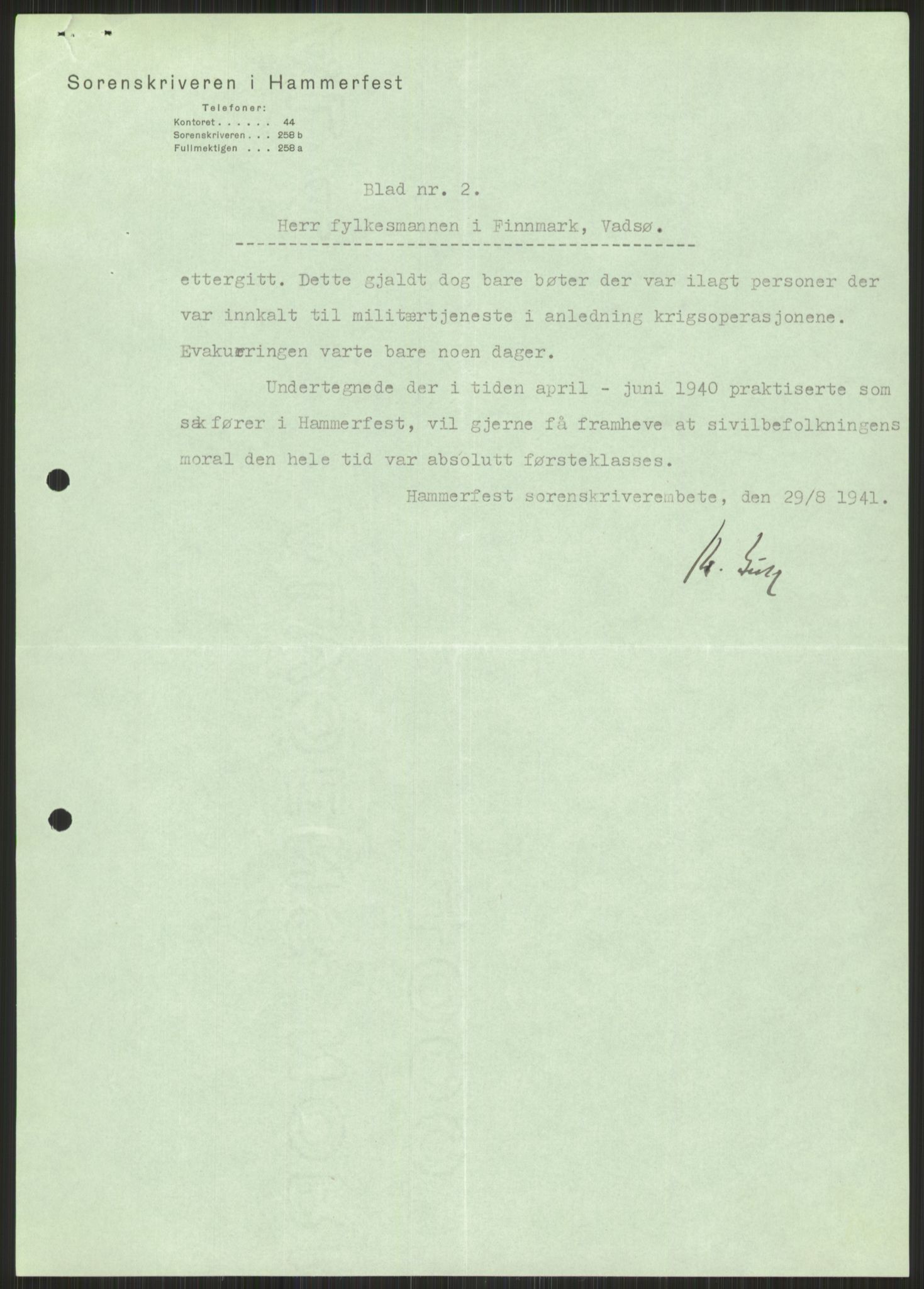 Forsvaret, Forsvarets krigshistoriske avdeling, AV/RA-RAFA-2017/Y/Ya/L0017: II-C-11-31 - Fylkesmenn.  Rapporter om krigsbegivenhetene 1940., 1940, p. 706