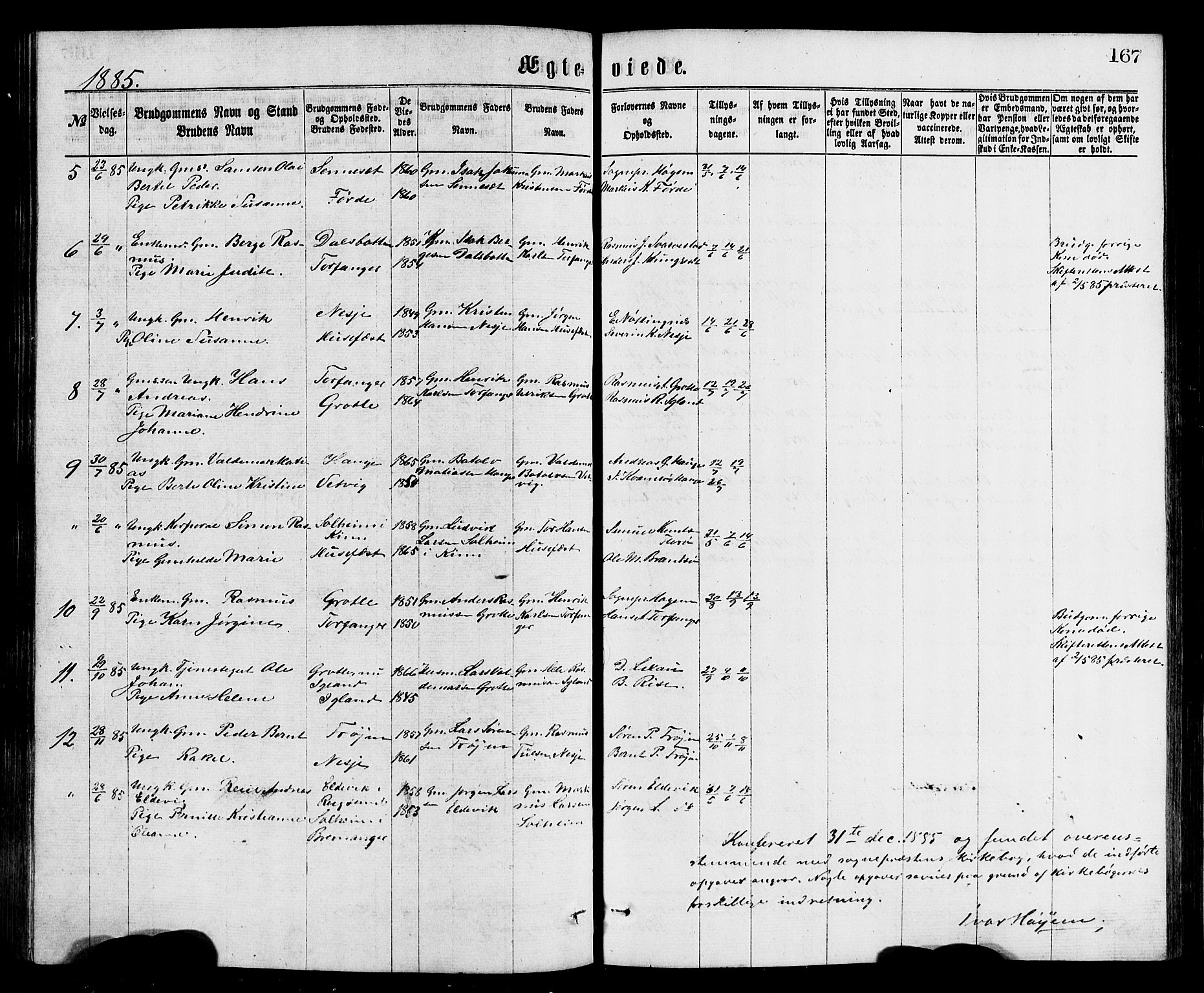 Bremanger sokneprestembete, SAB/A-82201/H/Hab/Haba/L0002: Parish register (copy) no. A 2, 1866-1889, p. 167