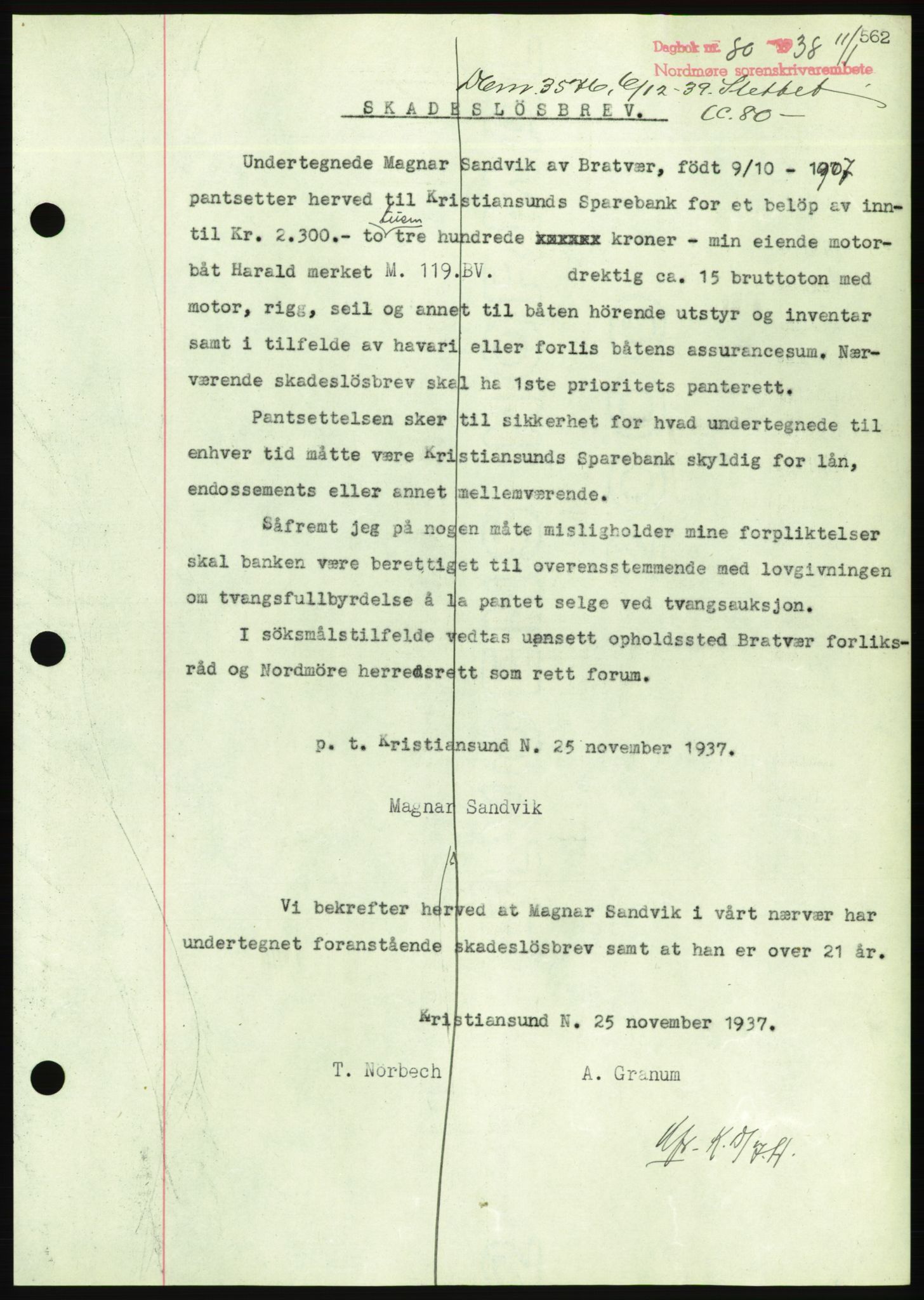 Nordmøre sorenskriveri, AV/SAT-A-4132/1/2/2Ca/L0092: Mortgage book no. B82, 1937-1938, Diary no: : 80/1938