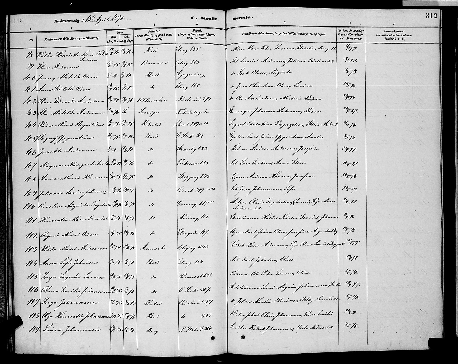 Halden prestekontor Kirkebøker, AV/SAO-A-10909/G/Ga/L0008: Parish register (copy) no. 8, 1885-1899, p. 312