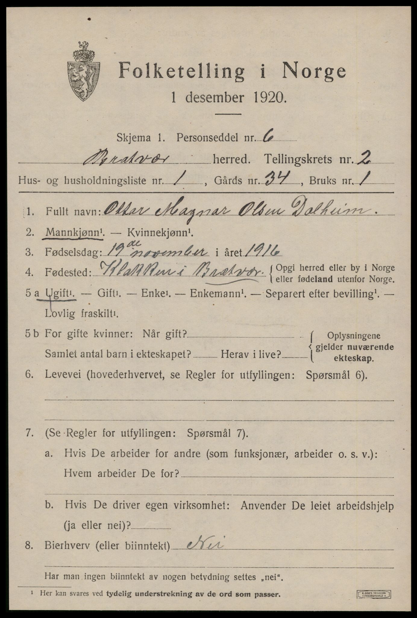 SAT, 1920 census for Brattvær, 1920, p. 794