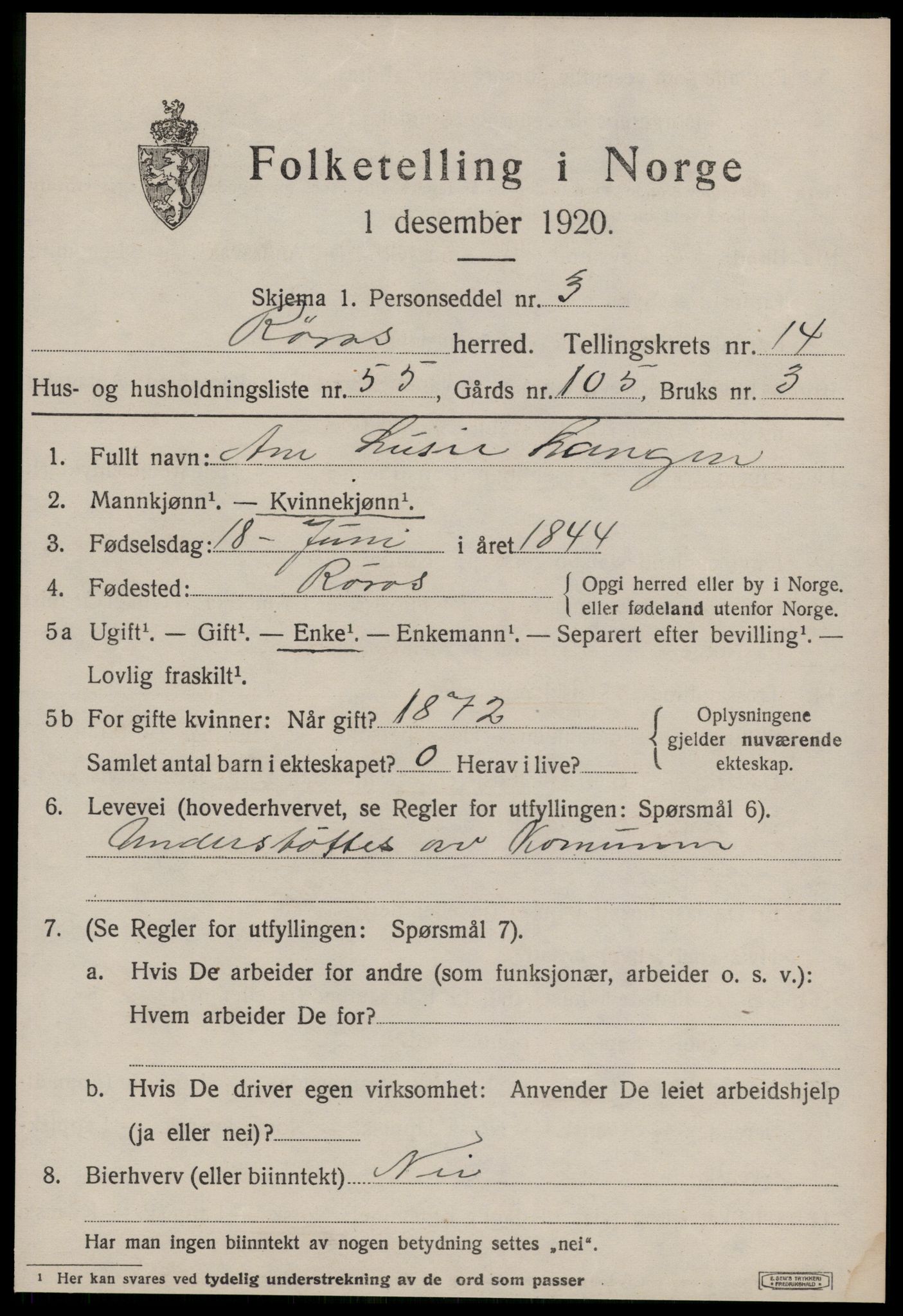 SAT, 1920 census for Røros, 1920, p. 10260