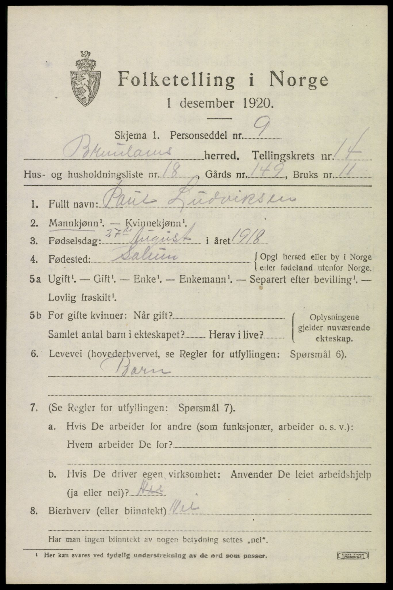 SAKO, 1920 census for Brunlanes, 1920, p. 11555