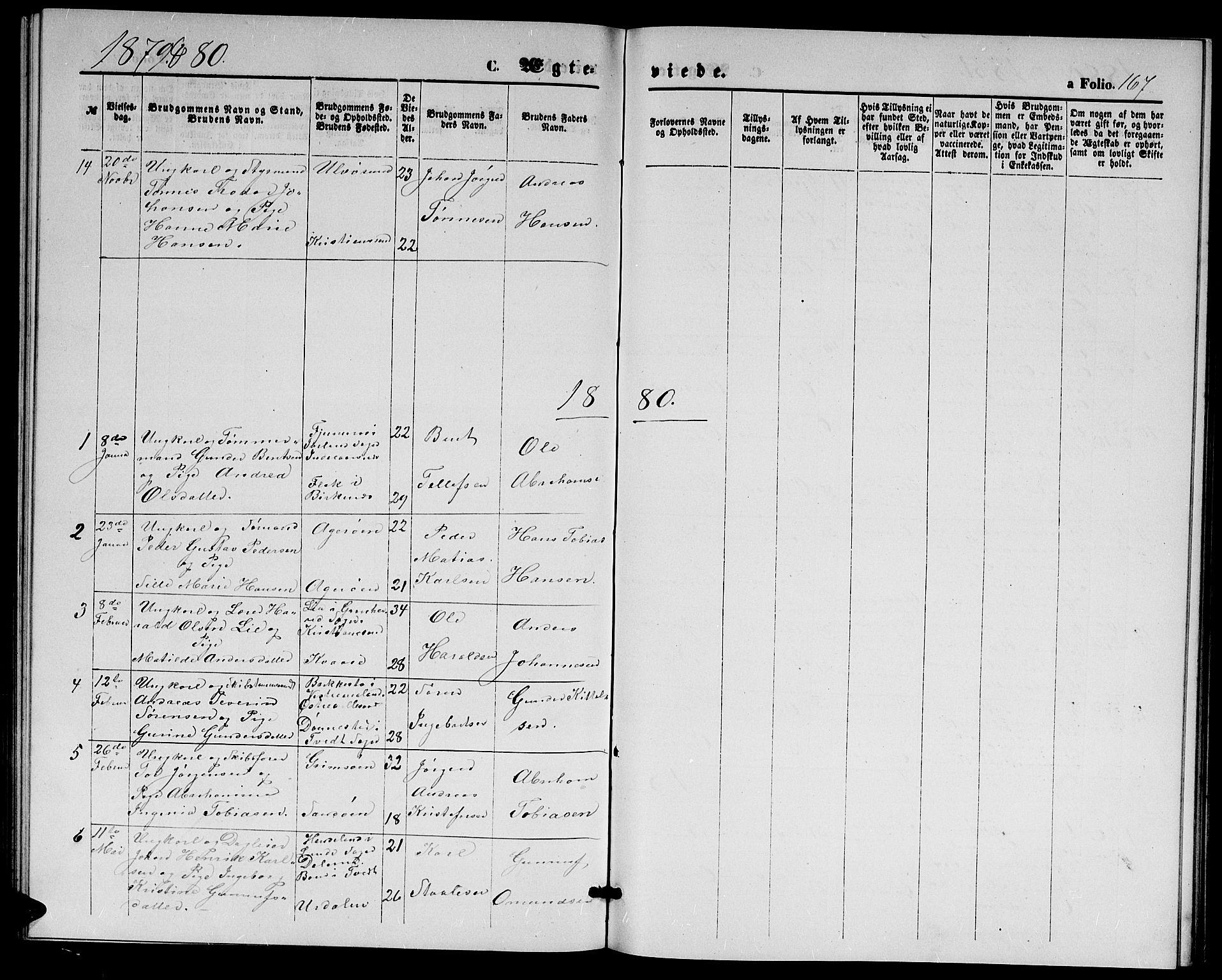 Høvåg sokneprestkontor, AV/SAK-1111-0025/F/Fb/L0003: Parish register (copy) no. B 3, 1870-1882, p. 167