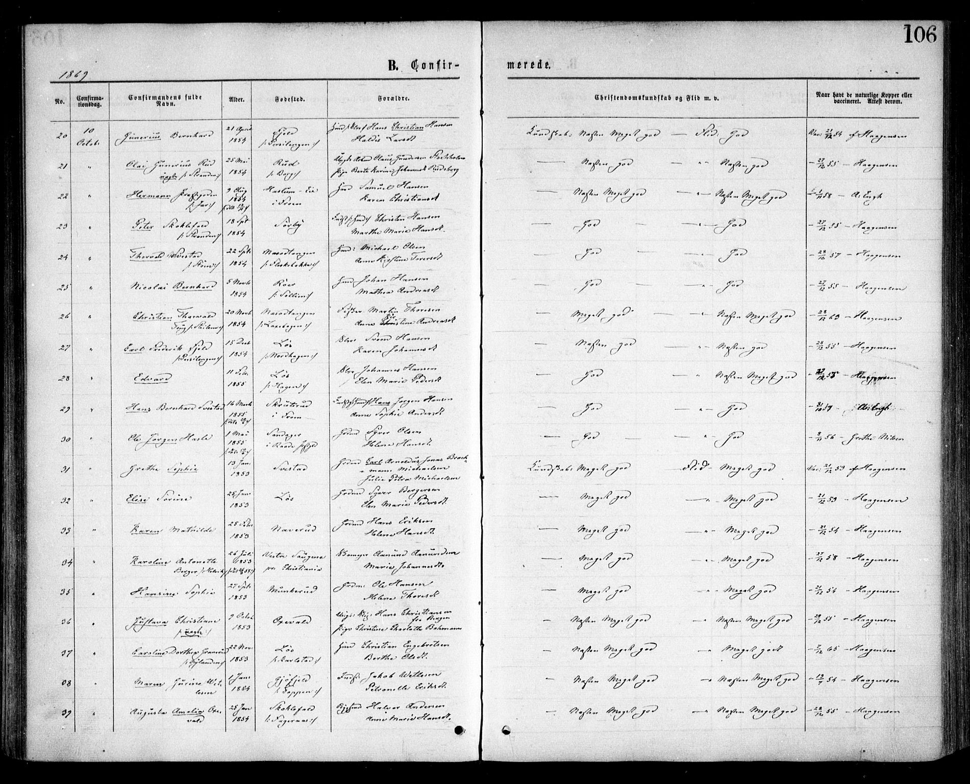 Nesodden prestekontor Kirkebøker, AV/SAO-A-10013/F/Fa/L0008: Parish register (official) no. I 8, 1869-1879, p. 106