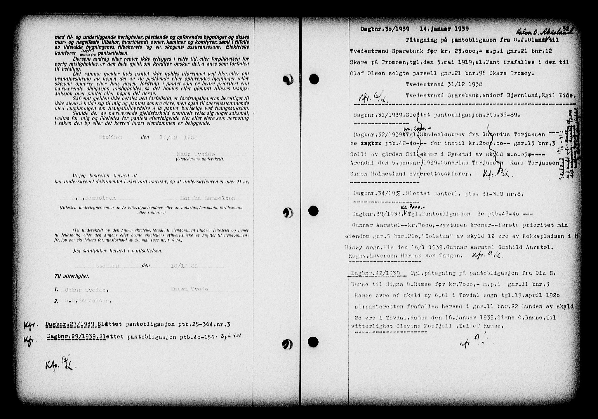 Nedenes sorenskriveri, SAK/1221-0006/G/Gb/Gba/L0046: Mortgage book no. 42, 1938-1939, Diary no: : 30/1939
