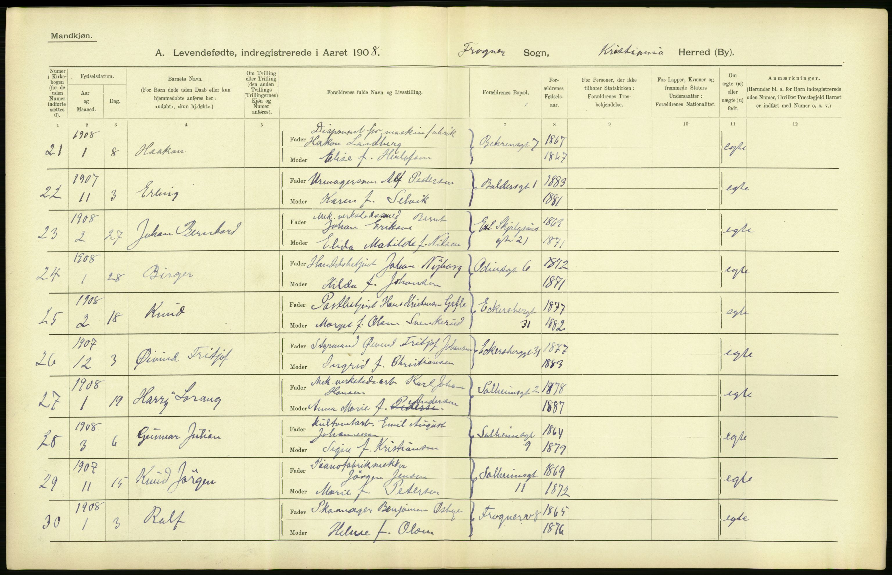 Statistisk sentralbyrå, Sosiodemografiske emner, Befolkning, AV/RA-S-2228/D/Df/Dfa/Dfaf/L0005: Kristiania: Levendefødte menn og kvinner., 1908, p. 556