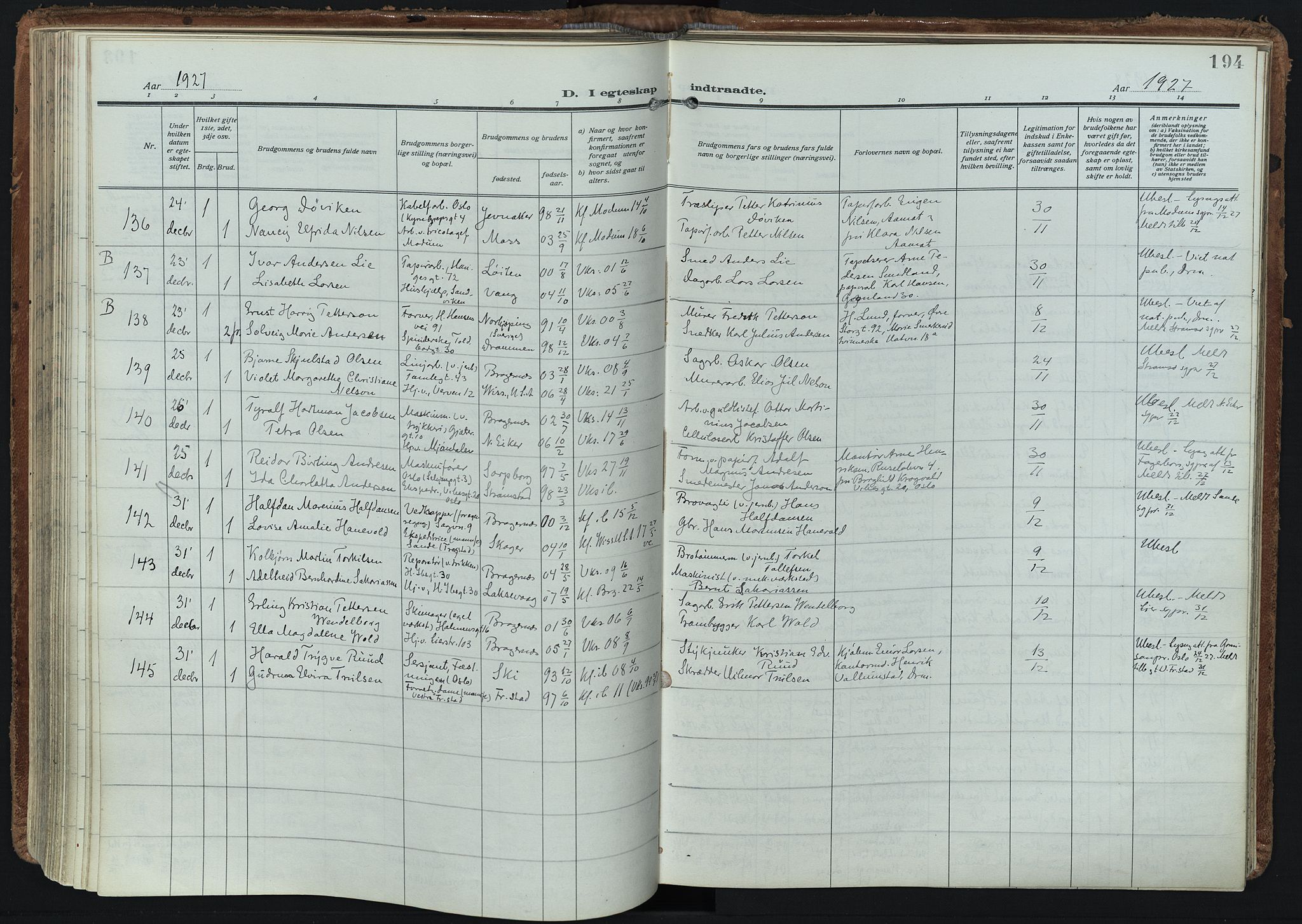 Bragernes kirkebøker, SAKO/A-6/F/Fc/L0009: Parish register (official) no. III 9, 1921-1939, p. 194