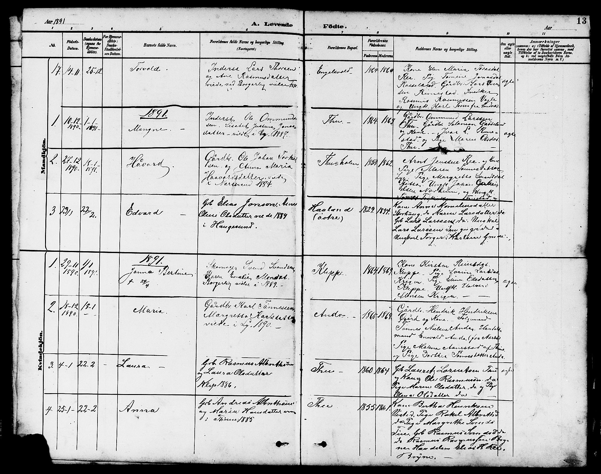 Klepp sokneprestkontor, SAST/A-101803/001/3/30BB/L0004: Parish register (copy) no. B 4, 1889-1914, p. 13