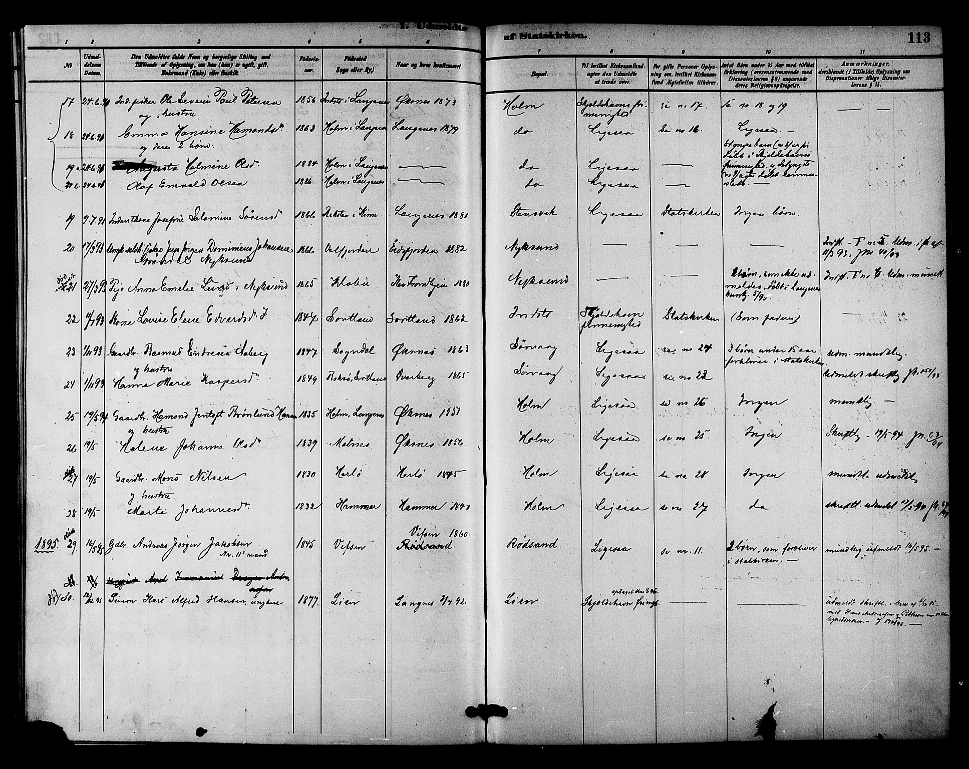 Ministerialprotokoller, klokkerbøker og fødselsregistre - Nordland, SAT/A-1459/894/L1355: Parish register (official) no. 894A01, 1885-1896, p. 113