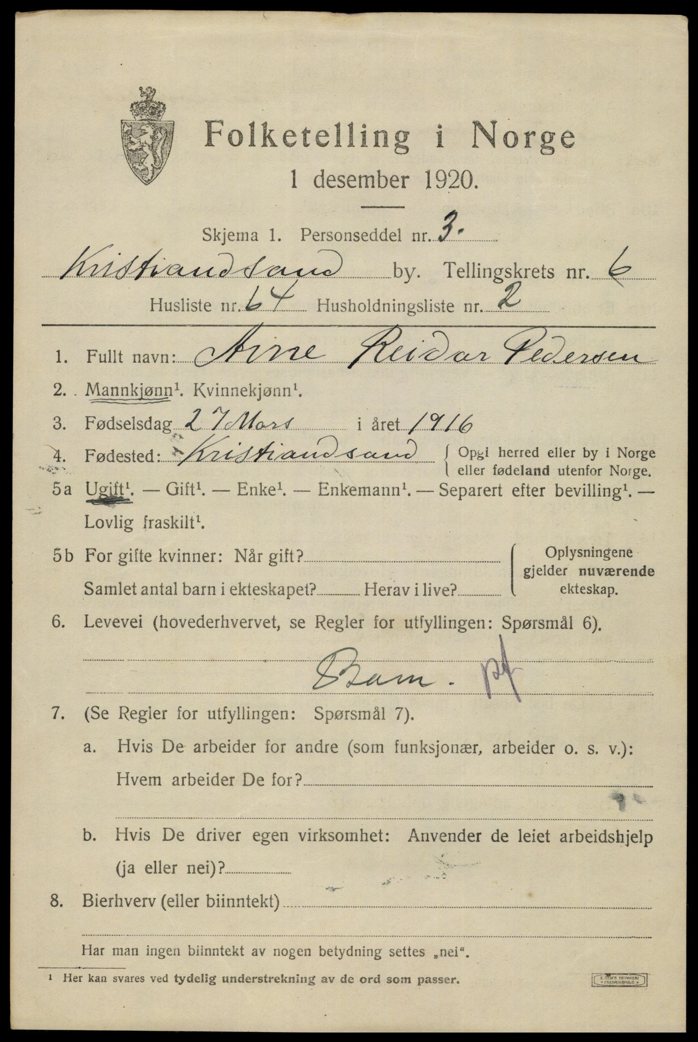 SAK, 1920 census for Kristiansand, 1920, p. 19531