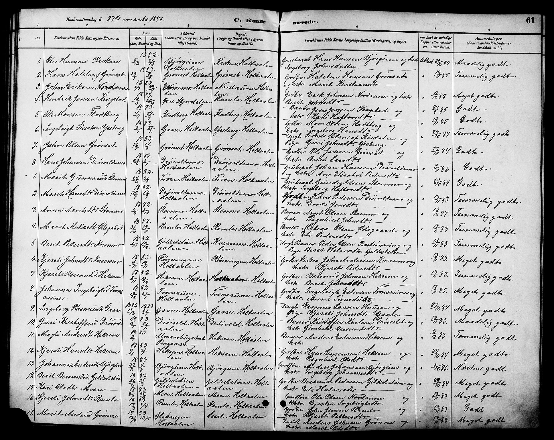 Ministerialprotokoller, klokkerbøker og fødselsregistre - Sør-Trøndelag, SAT/A-1456/685/L0978: Parish register (copy) no. 685C03, 1891-1907, p. 61