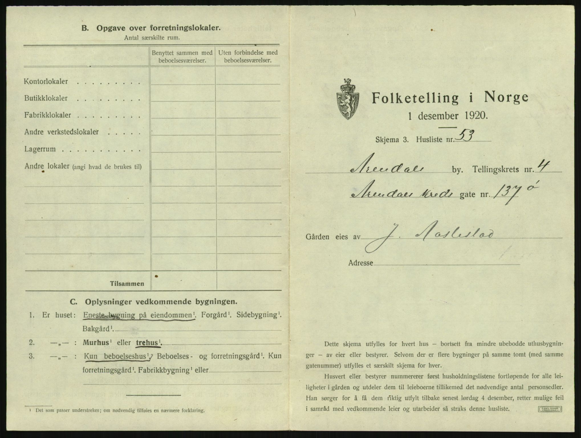 SAK, 1920 census for Arendal, 1920, p. 562