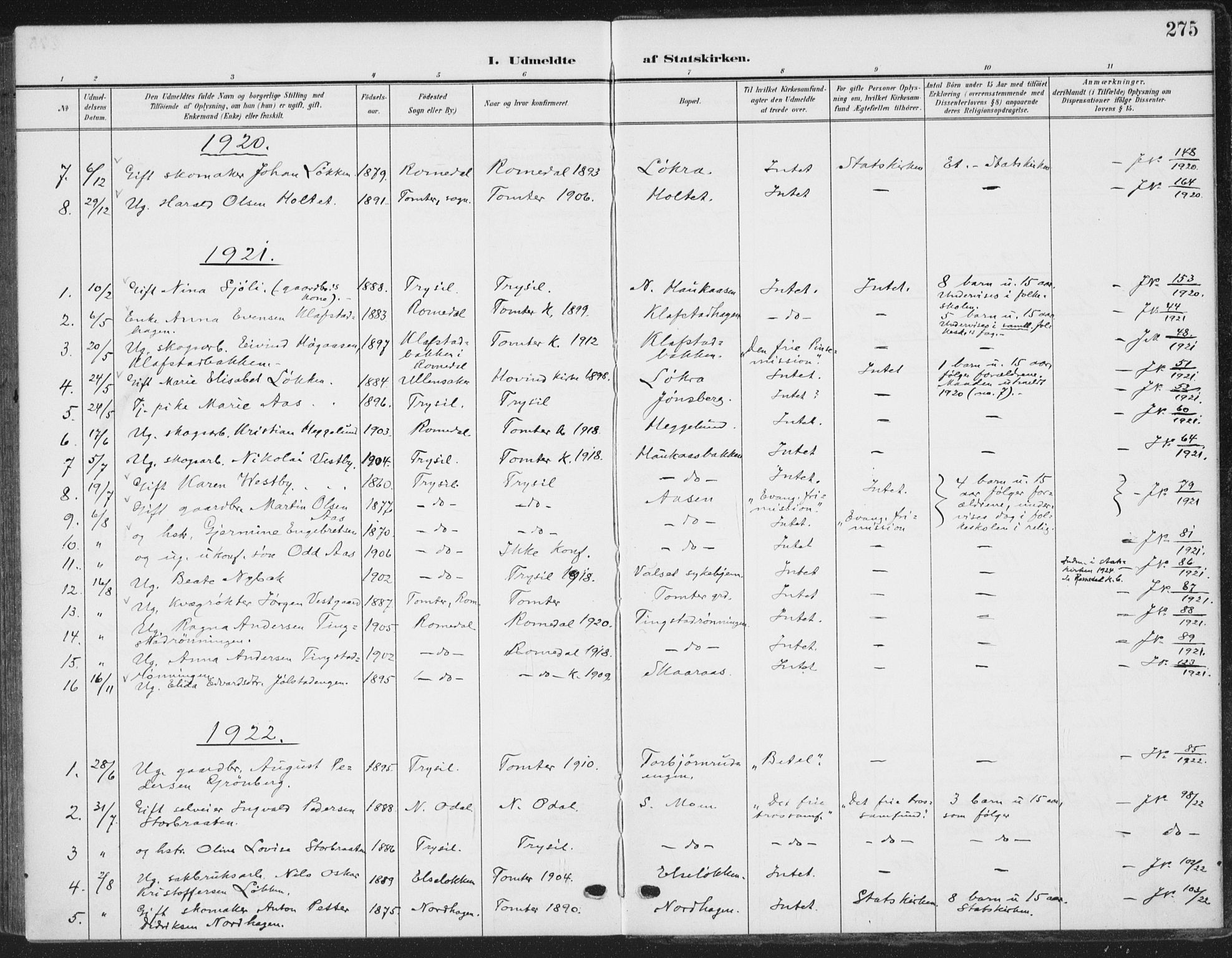 Romedal prestekontor, AV/SAH-PREST-004/K/L0009: Parish register (official) no. 9, 1906-1929, p. 275