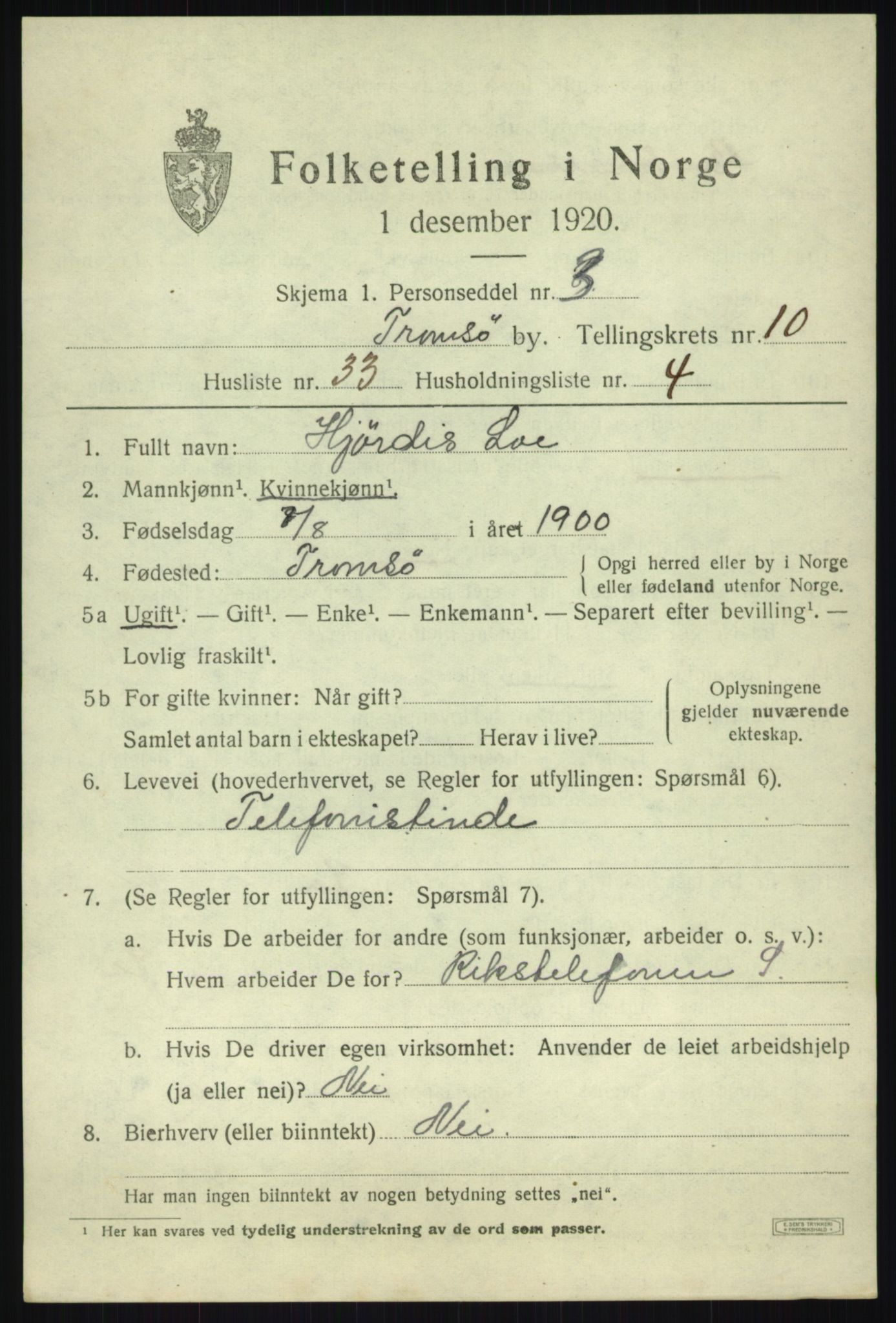 SATØ, 1920 census for Tromsø, 1920, p. 20864