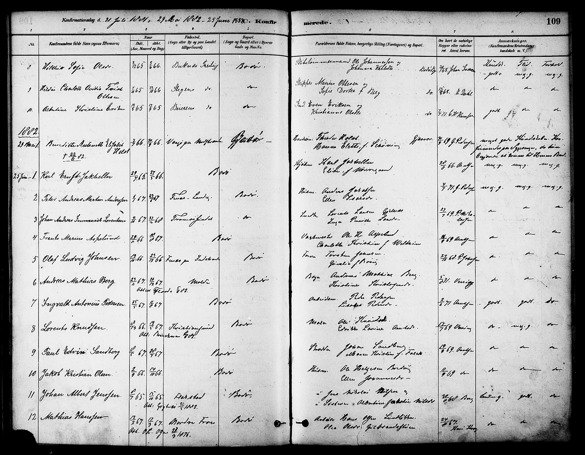 Ministerialprotokoller, klokkerbøker og fødselsregistre - Nordland, SAT/A-1459/801/L0030: Parish register (copy) no. 801C05, 1879-1887, p. 109