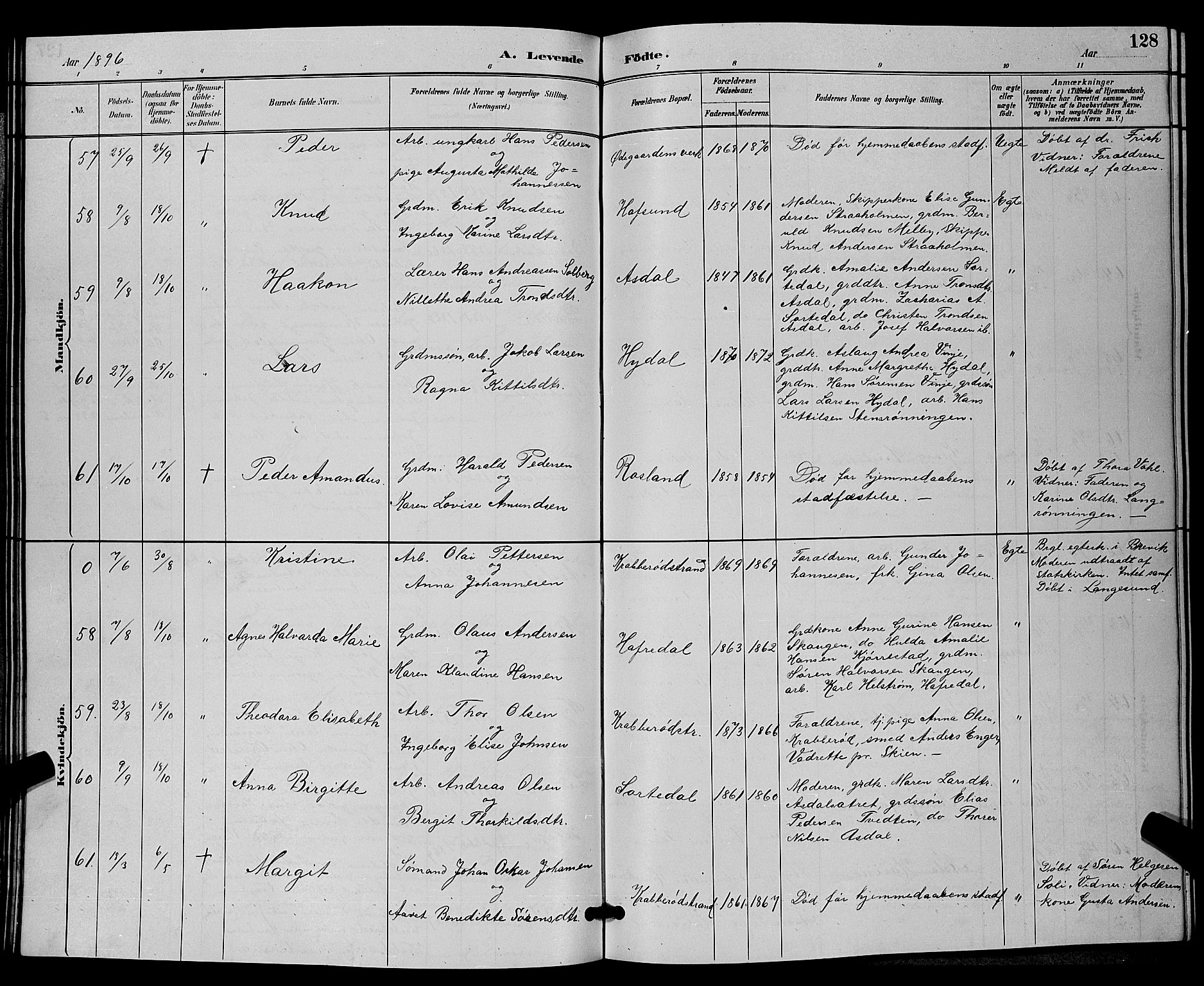 Bamble kirkebøker, SAKO/A-253/G/Ga/L0009: Parish register (copy) no. I 9, 1888-1900, p. 128