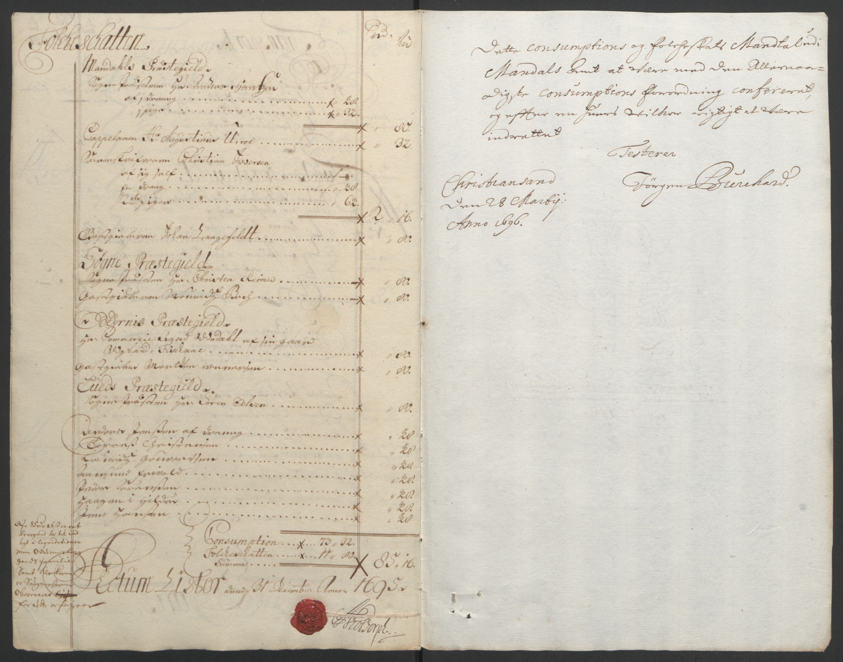 Rentekammeret inntil 1814, Reviderte regnskaper, Fogderegnskap, AV/RA-EA-4092/R43/L2545: Fogderegnskap Lista og Mandal, 1694-1695, p. 263