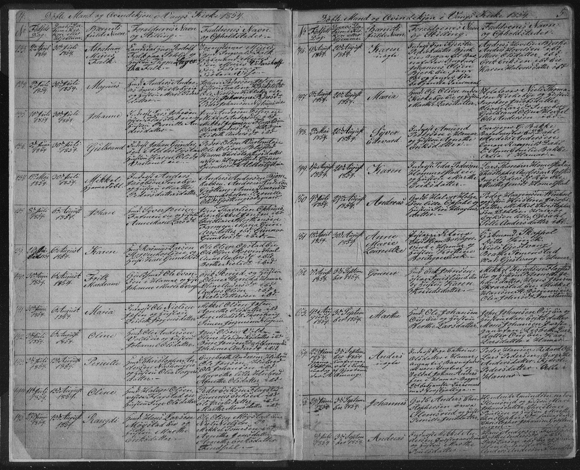 Vang prestekontor, Hedmark, SAH/PREST-008/H/Ha/Hab/L0010A: Parish register (copy) no. 10a, 1854-1896, p. 4-5