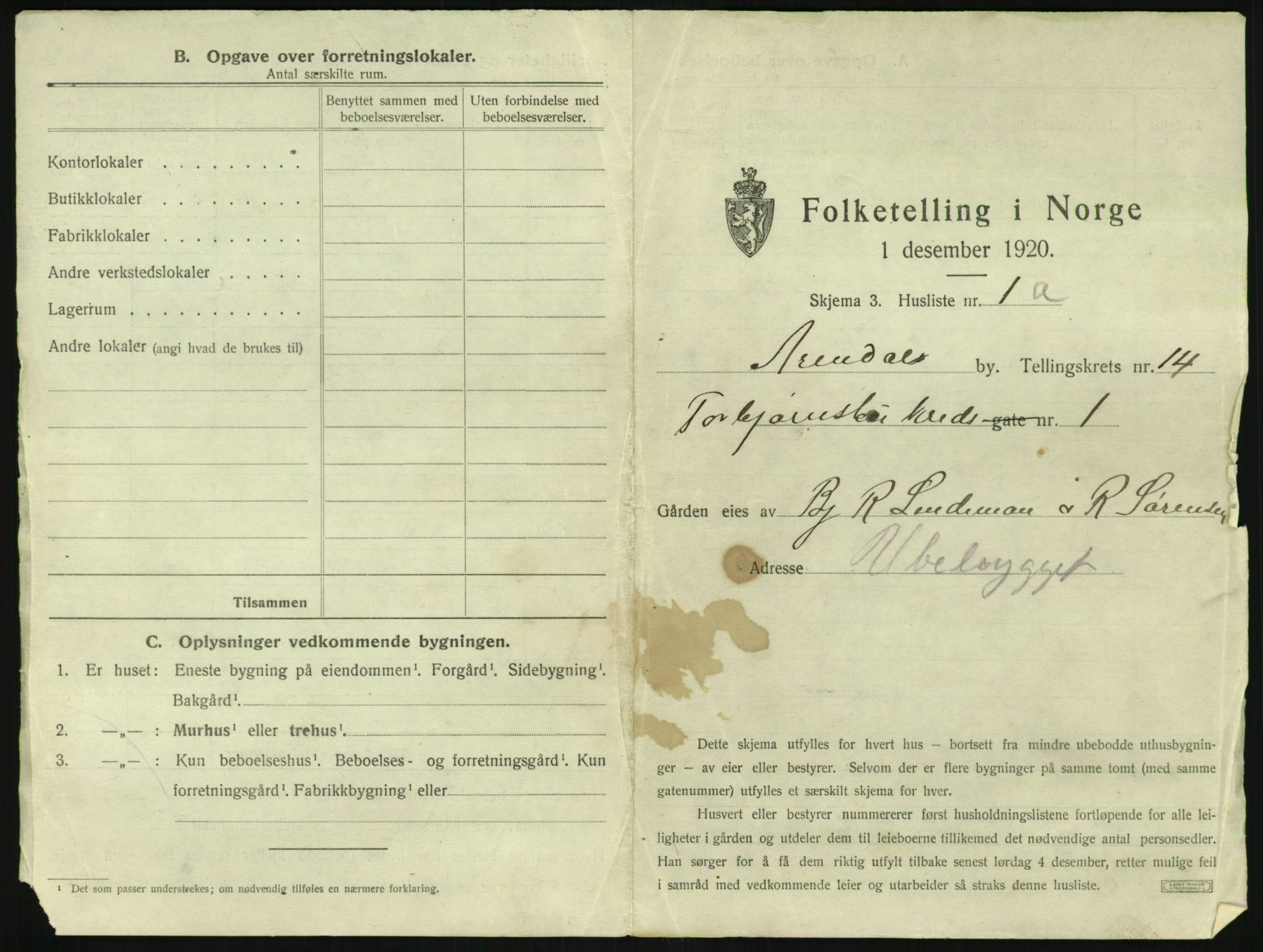 SAK, 1920 census for Arendal, 1920, p. 1968