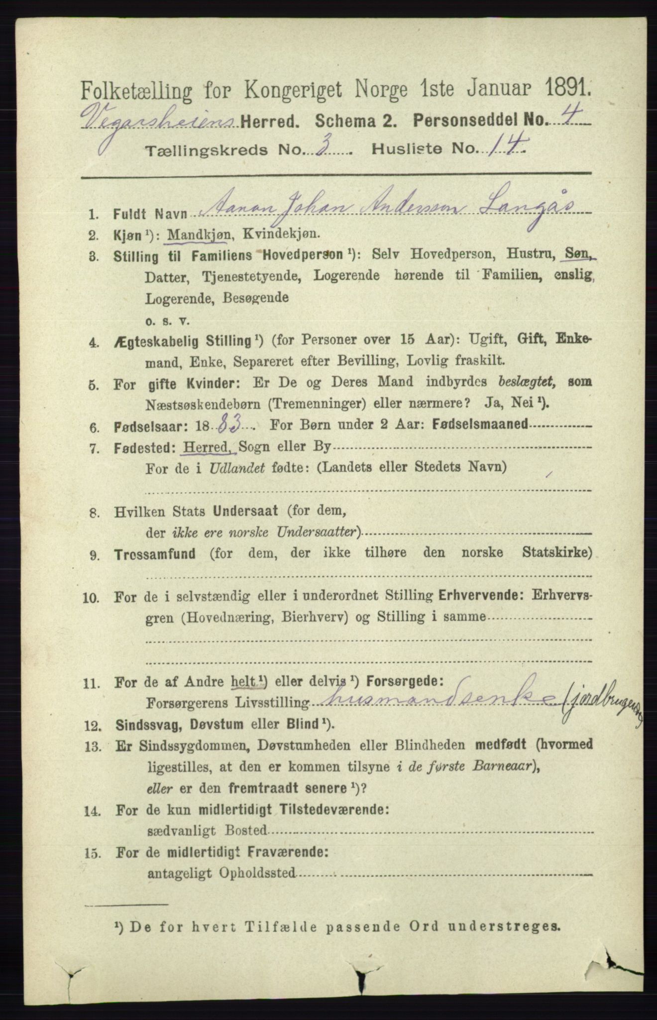 RA, 1891 census for 0912 Vegårshei, 1891, p. 725