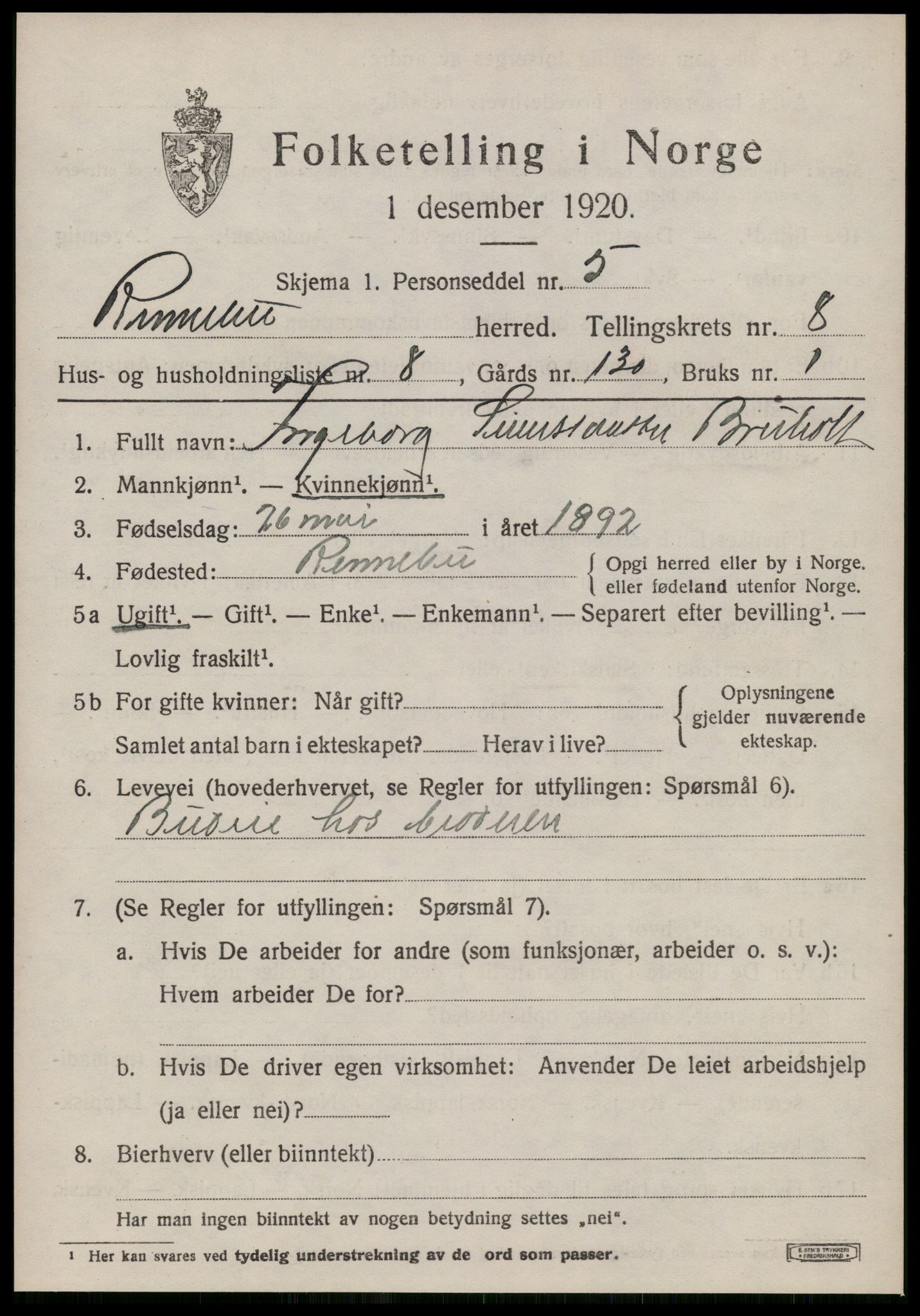 SAT, 1920 census for Rennebu, 1920, p. 5350