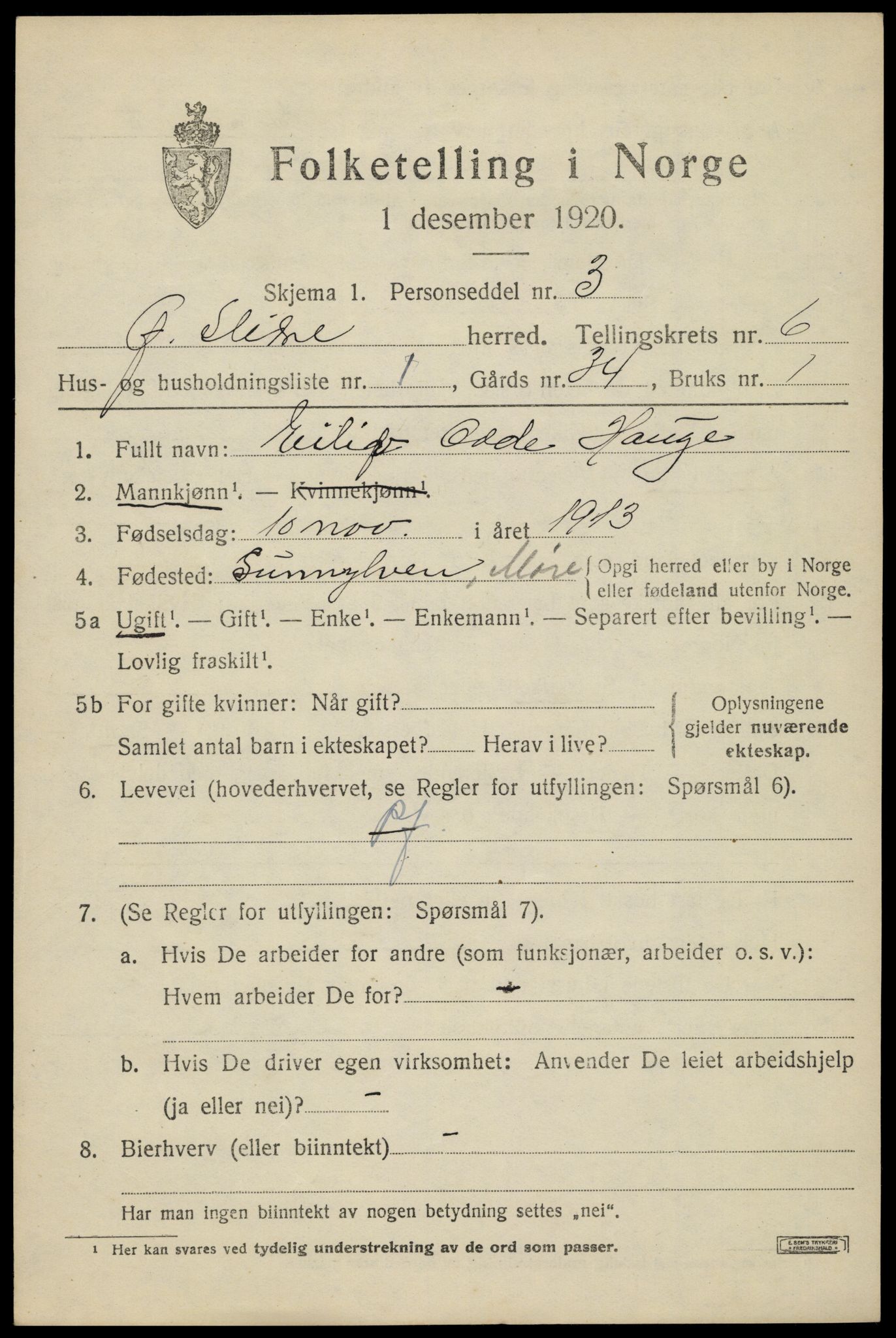 SAH, 1920 census for Øystre Slidre, 1920, p. 3405