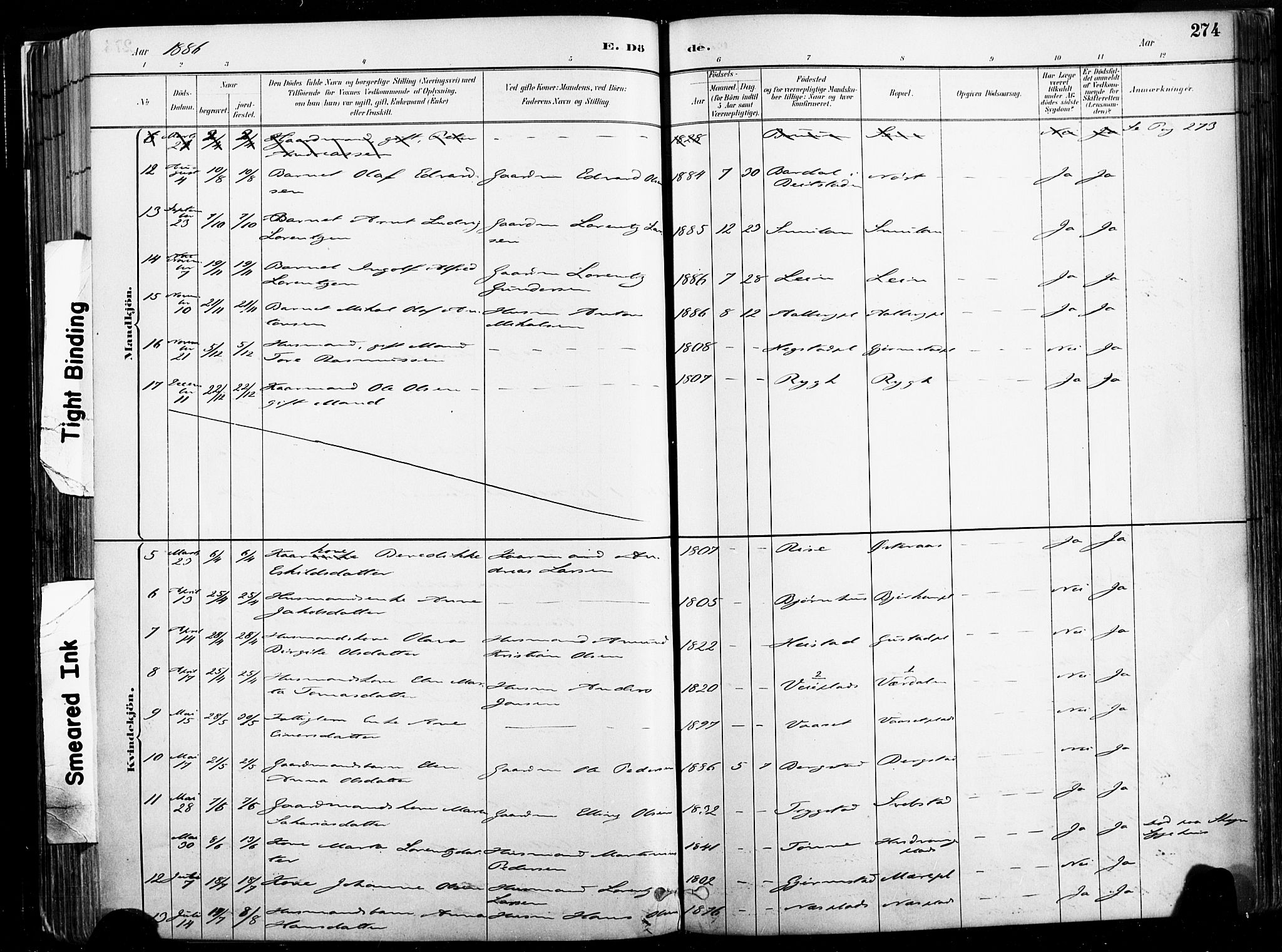 Ministerialprotokoller, klokkerbøker og fødselsregistre - Nord-Trøndelag, AV/SAT-A-1458/735/L0351: Parish register (official) no. 735A10, 1884-1908, p. 274