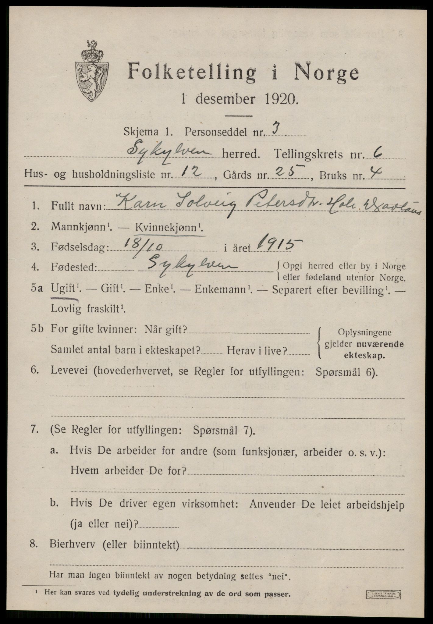 SAT, 1920 census for Sykkylven, 1920, p. 3781