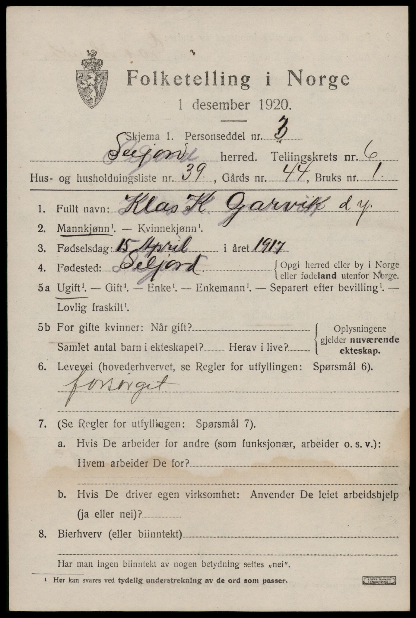 SAKO, 1920 census for Seljord, 1920, p. 3190